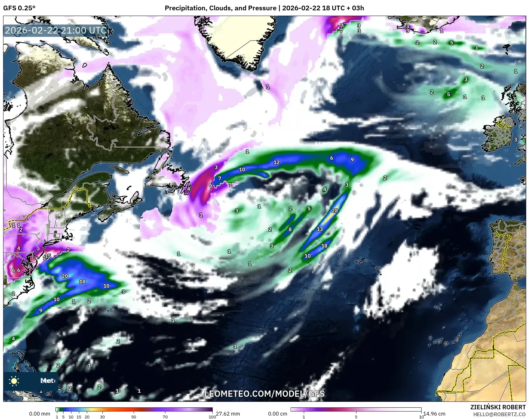 GFS model - شمال الأطلسي, الهطول والغيوم والضغط