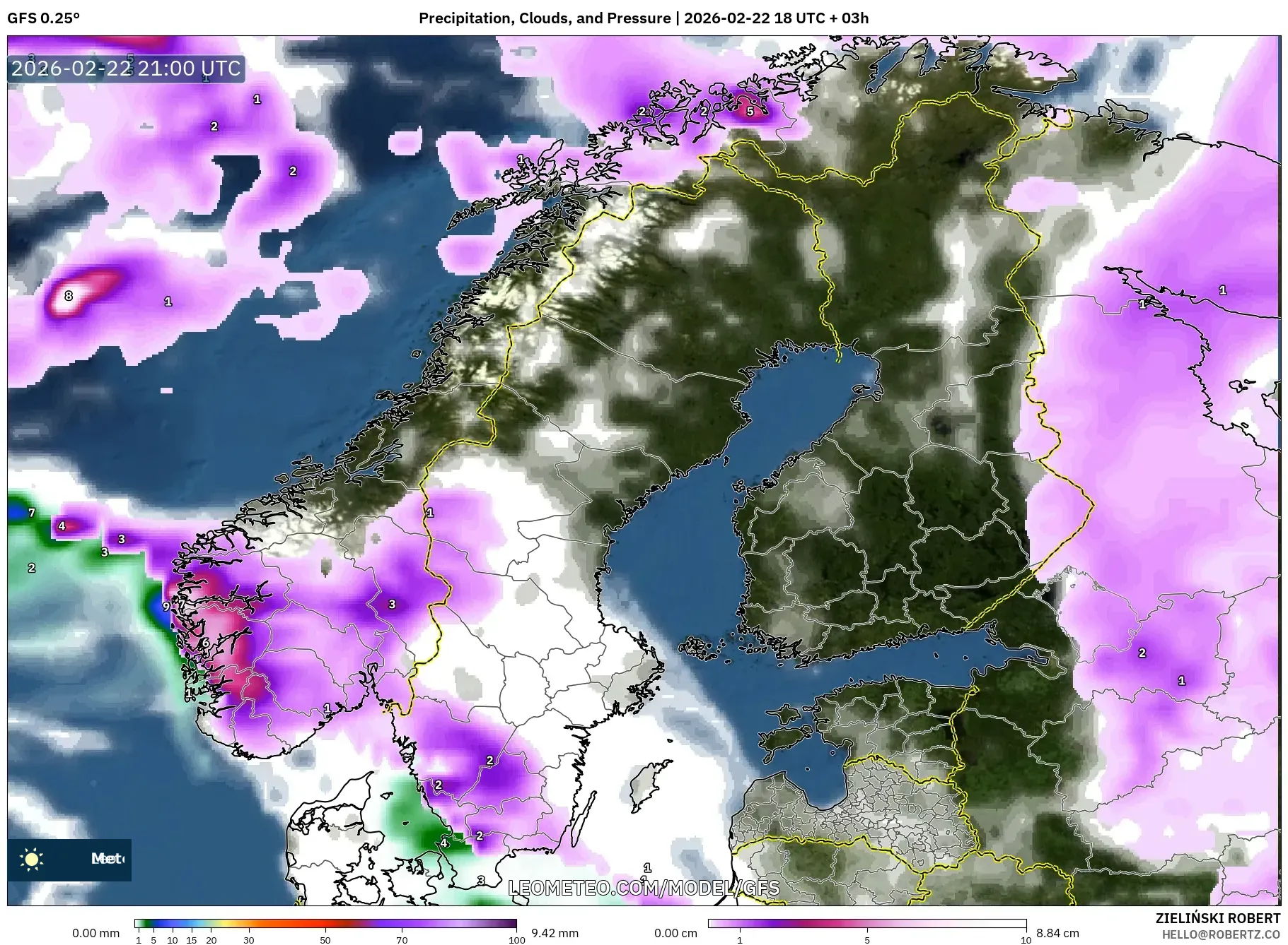 GFS model - إسكندنافيا, الهطول والغيوم والضغط