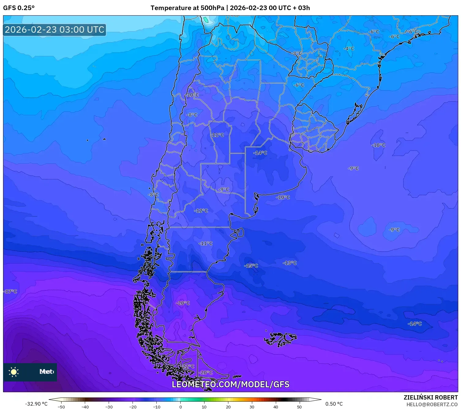GFS model - الأرجنتين, درجة الحرارة 500 hPa