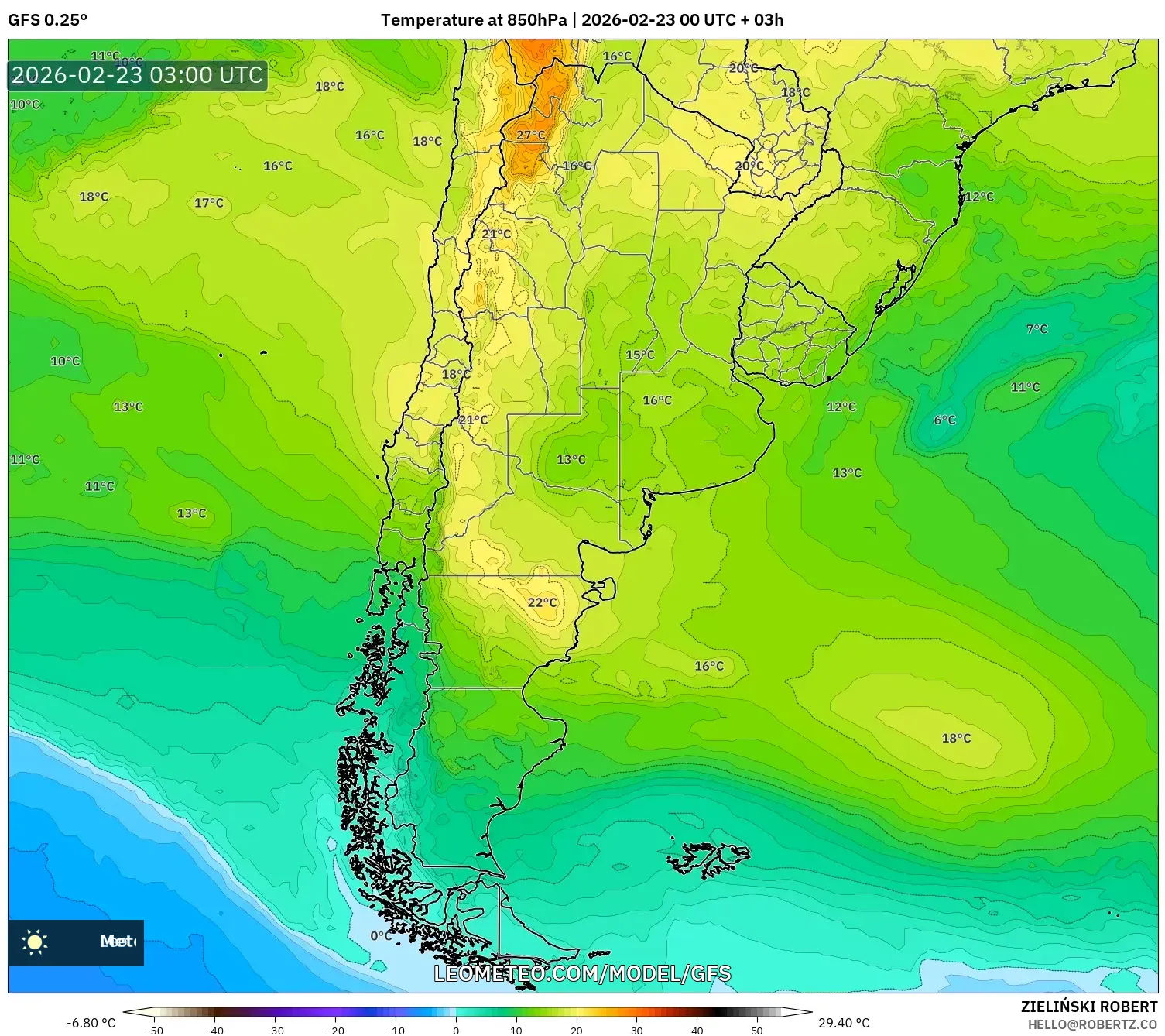 GFS model - الأرجنتين, درجة الحرارة 850 hPa