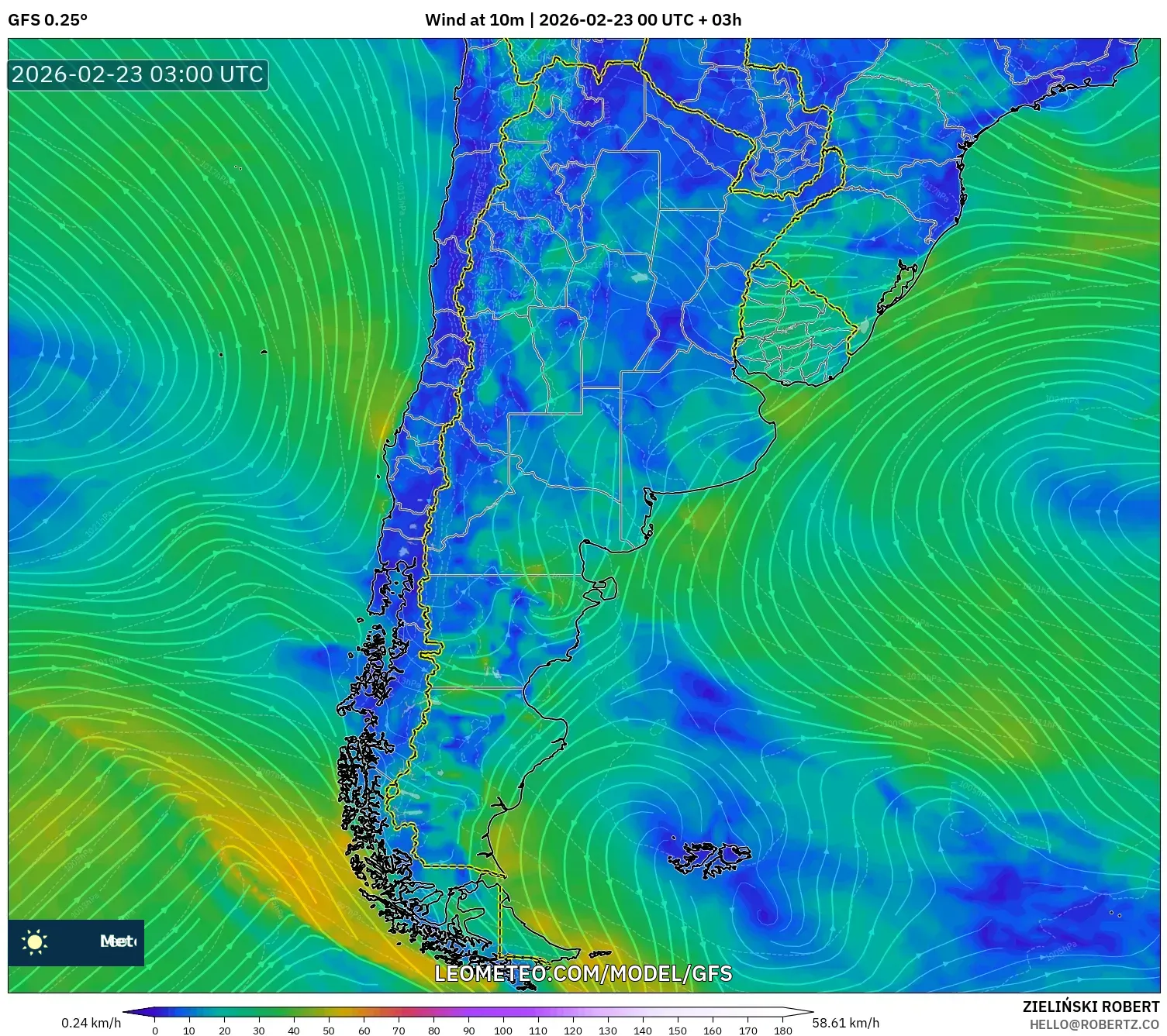GFS model - الأرجنتين, رياح 10 م