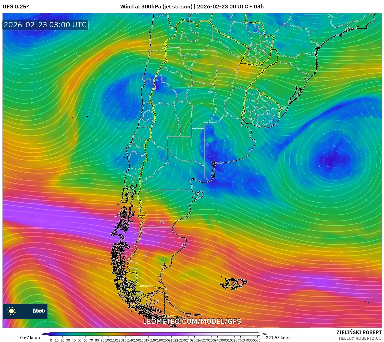 GFS model - الأرجنتين, رياح 300 hPa (تيار نفاث)