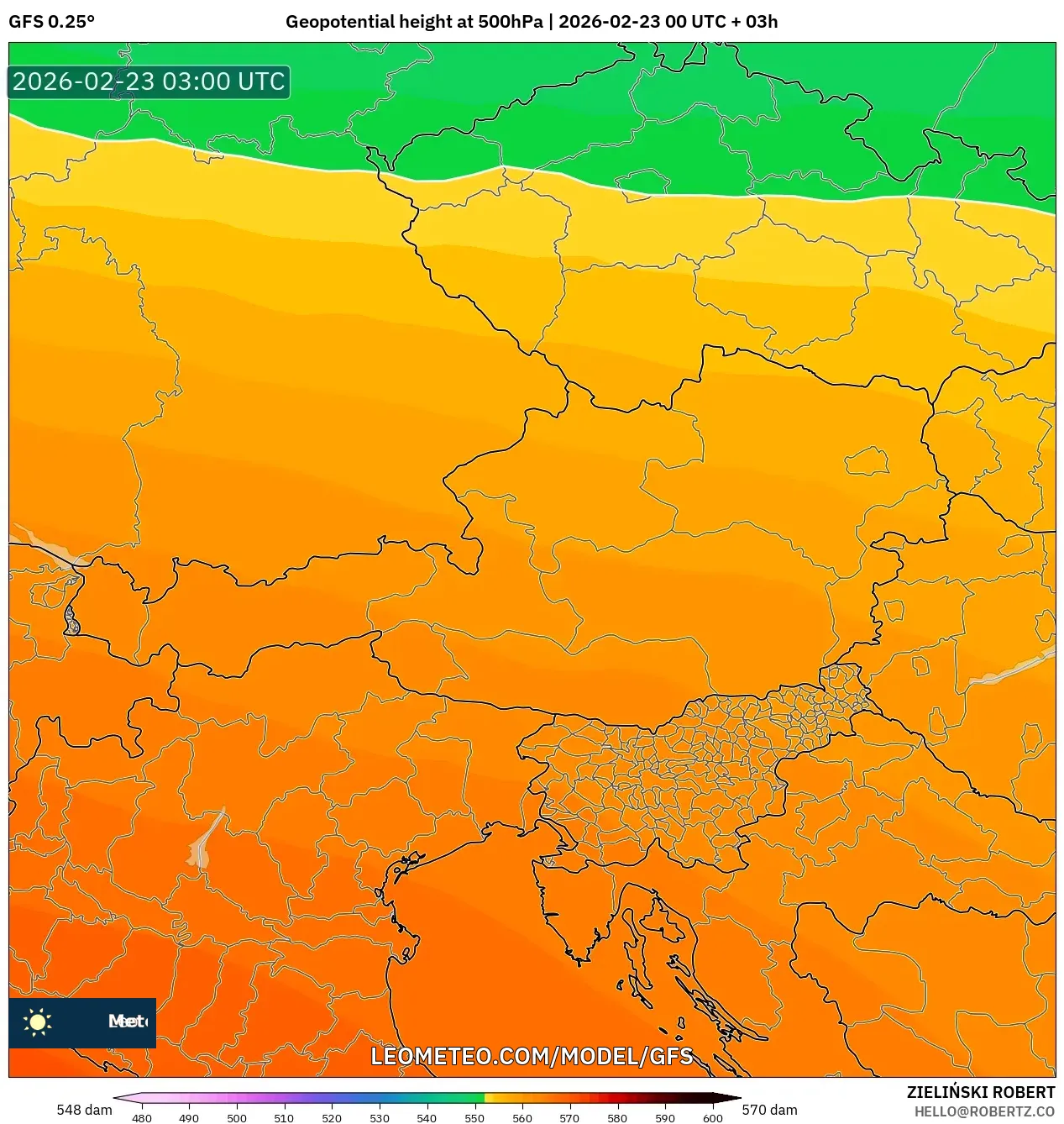 GFS model - النمسا, الارتفاع الجهدي عند 500 هكتوباسكال