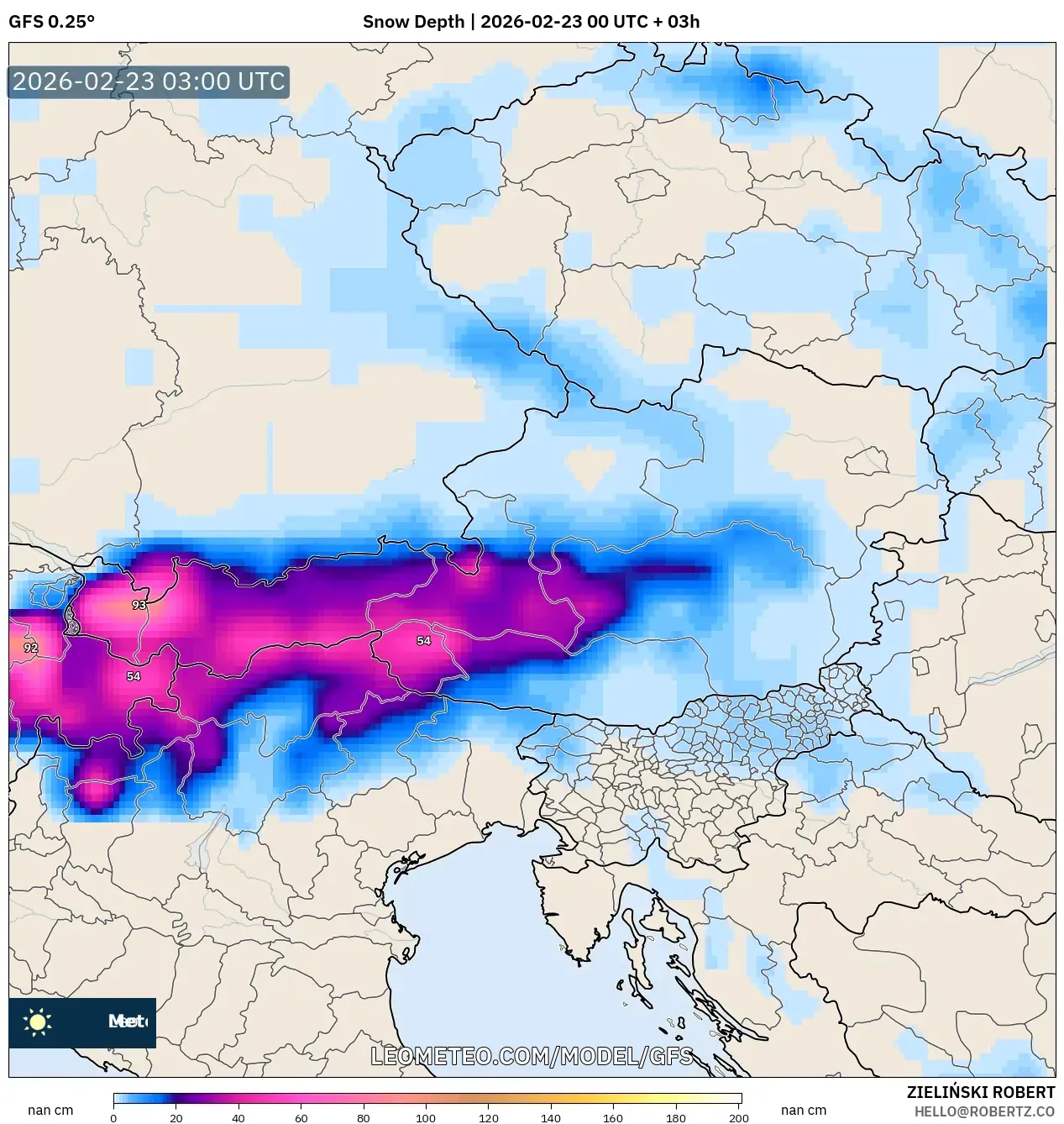 GFS model - النمسا, عمق الثلج