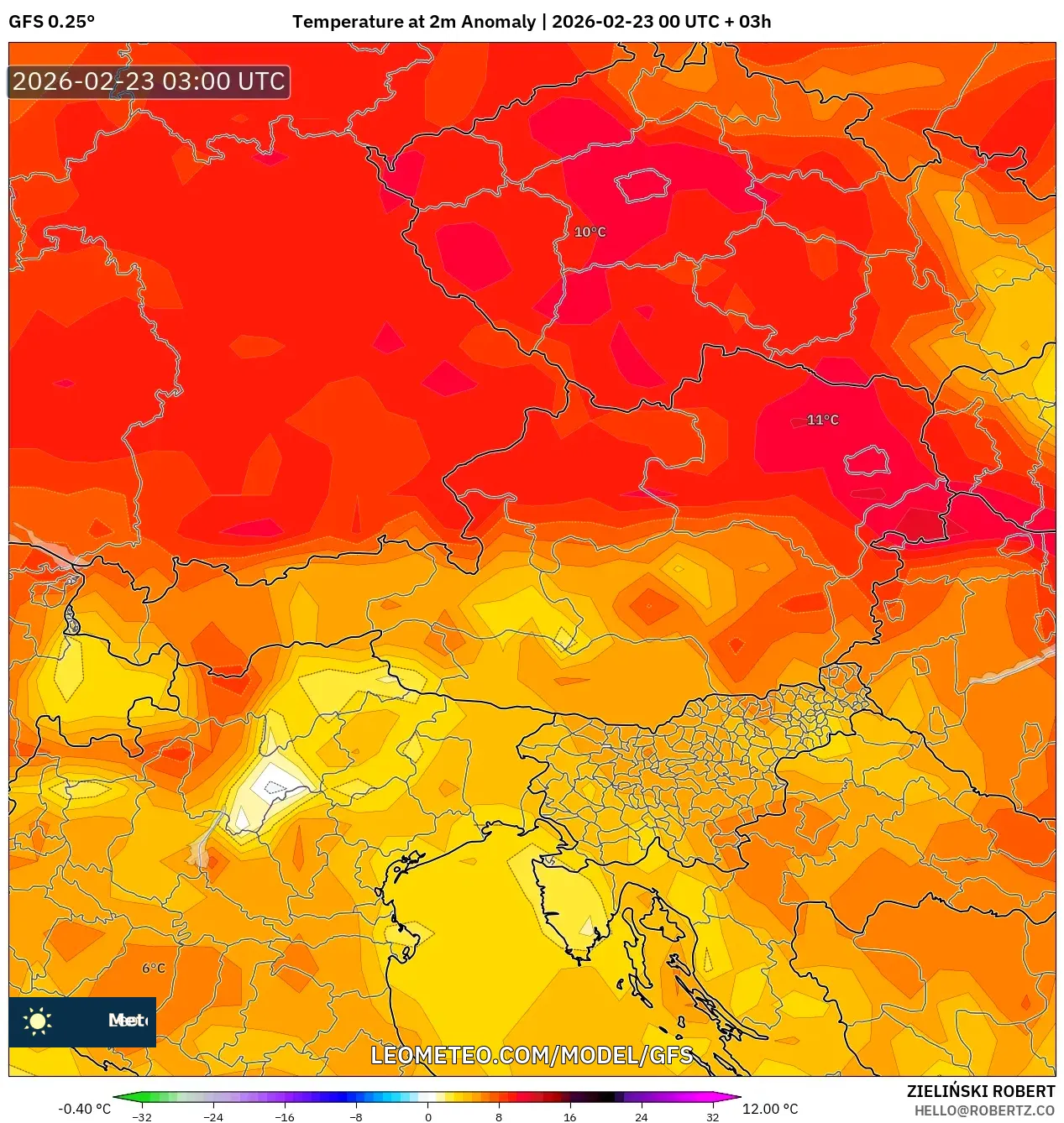 GFS model - النمسا, انحراف درجة الحرارة 2 م