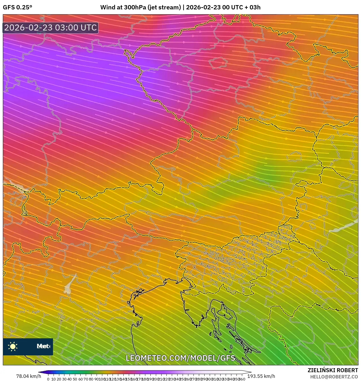 GFS model - النمسا, رياح 300 hPa (تيار نفاث)