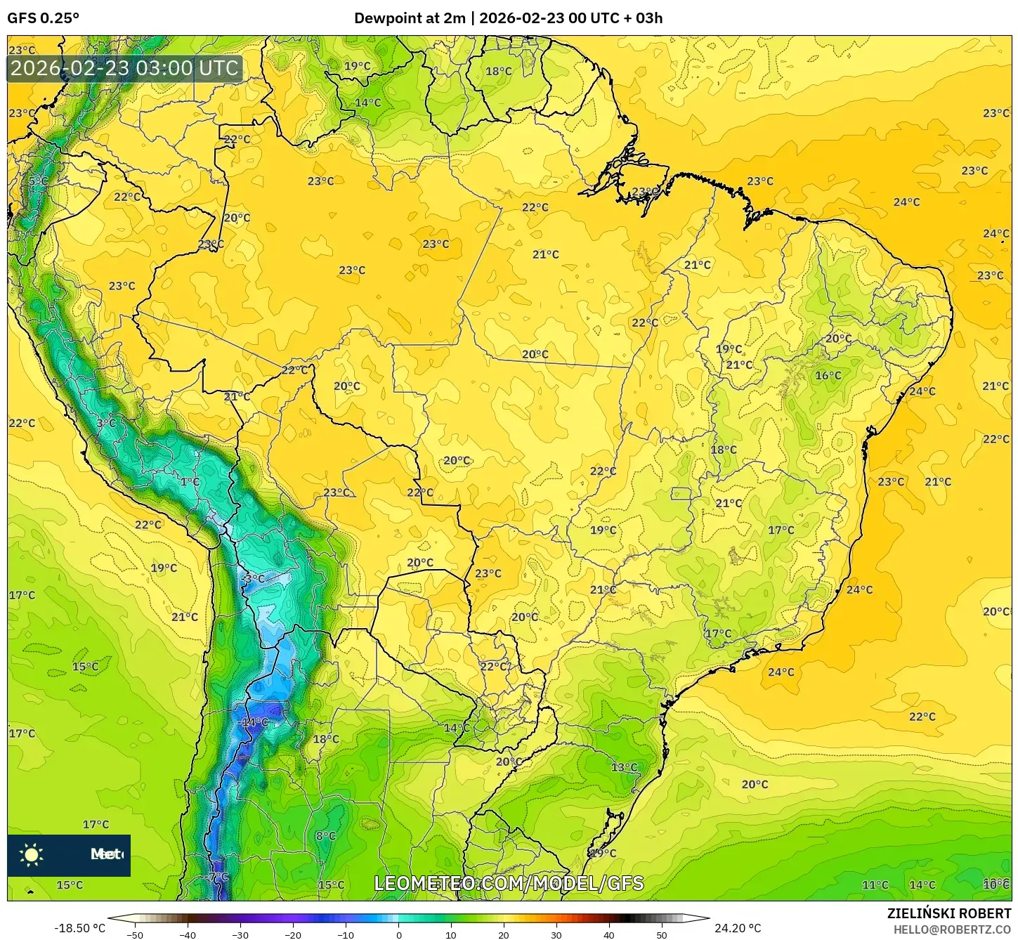 GFS model - البرازيل, نقطة الندى 2 م