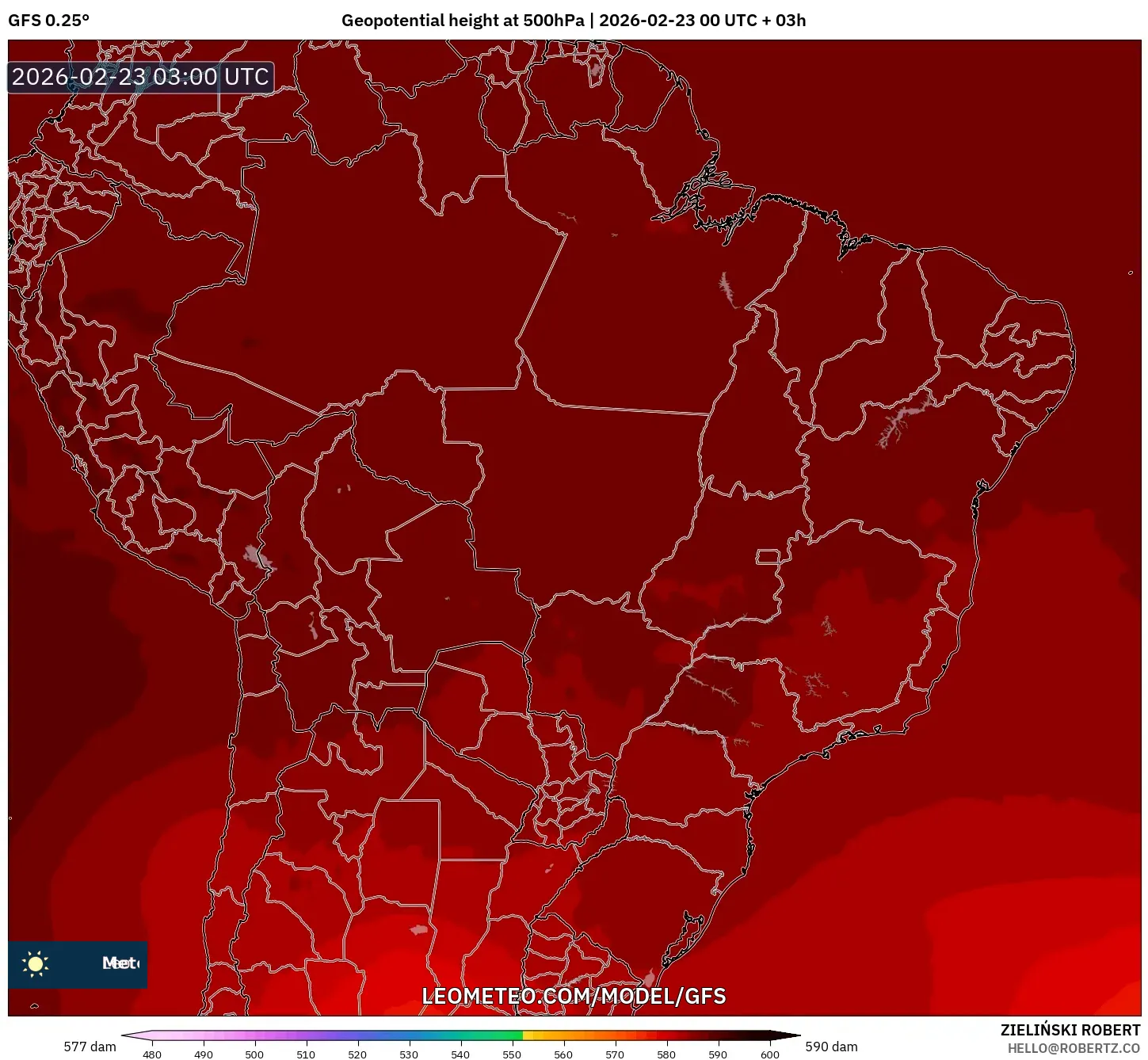 GFS model - البرازيل, الارتفاع الجهدي عند 500 هكتوباسكال