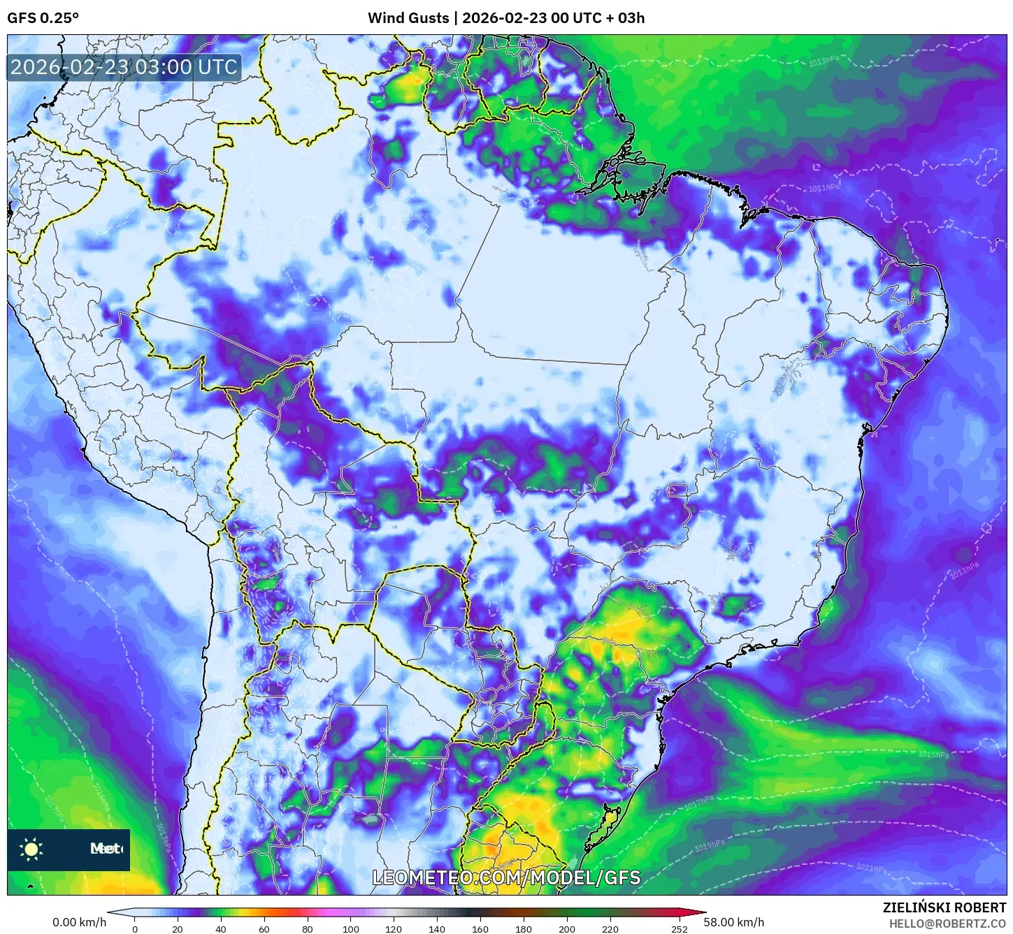 GFS model - البرازيل, هبات الرياح