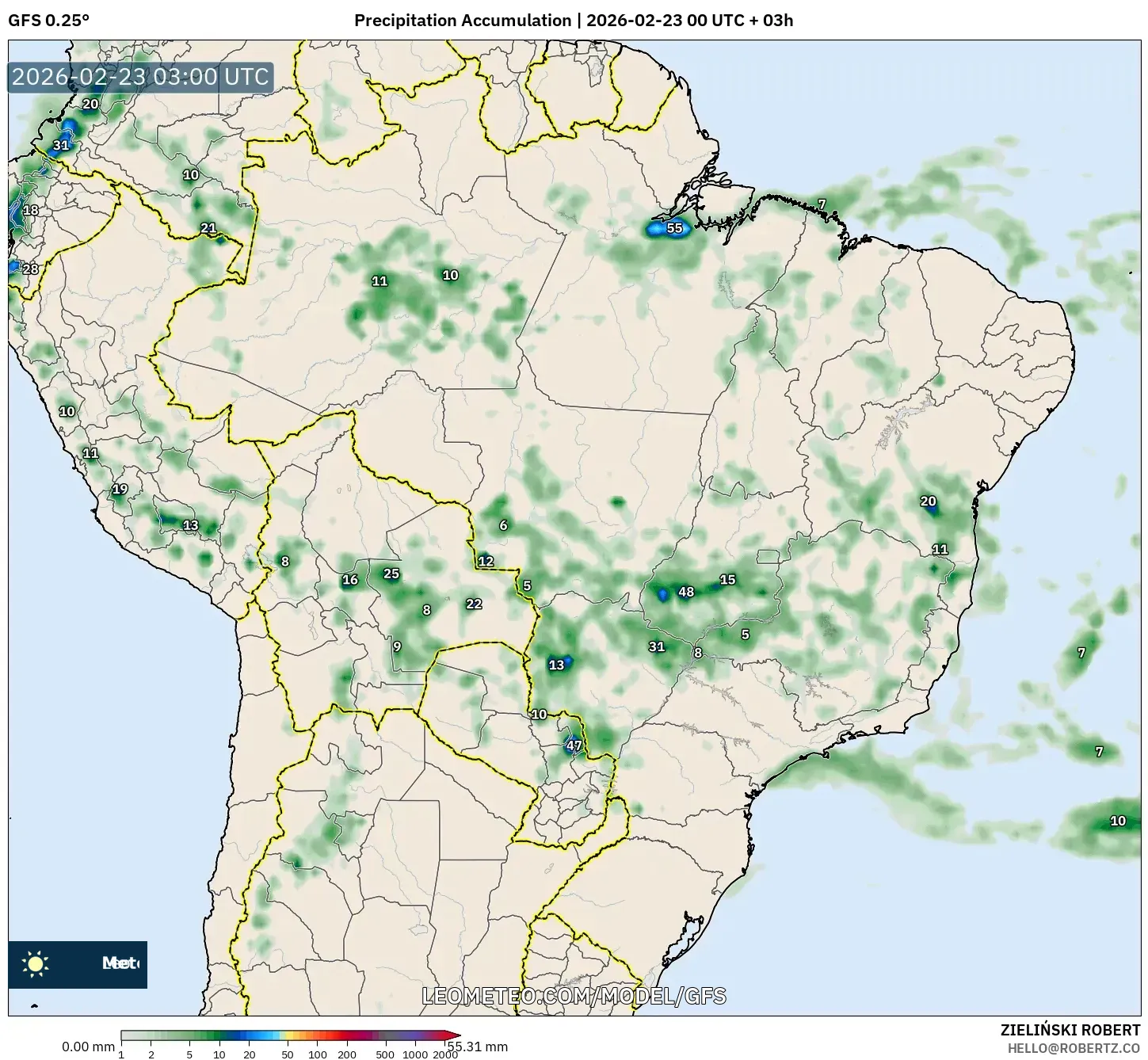 GFS model - البرازيل, تراكم الهطول