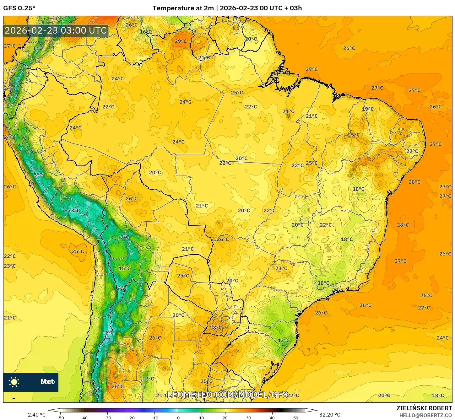 GFS model - البرازيل, درجة الحرارة على ارتفاع 2 م