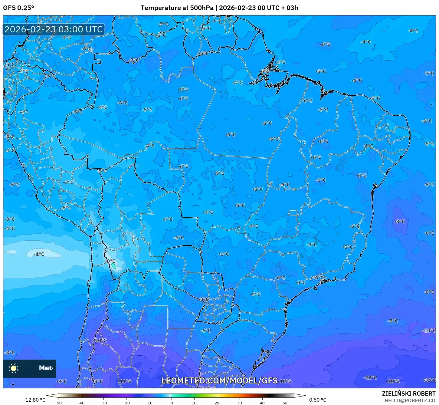 GFS model - البرازيل, درجة الحرارة 500 hPa