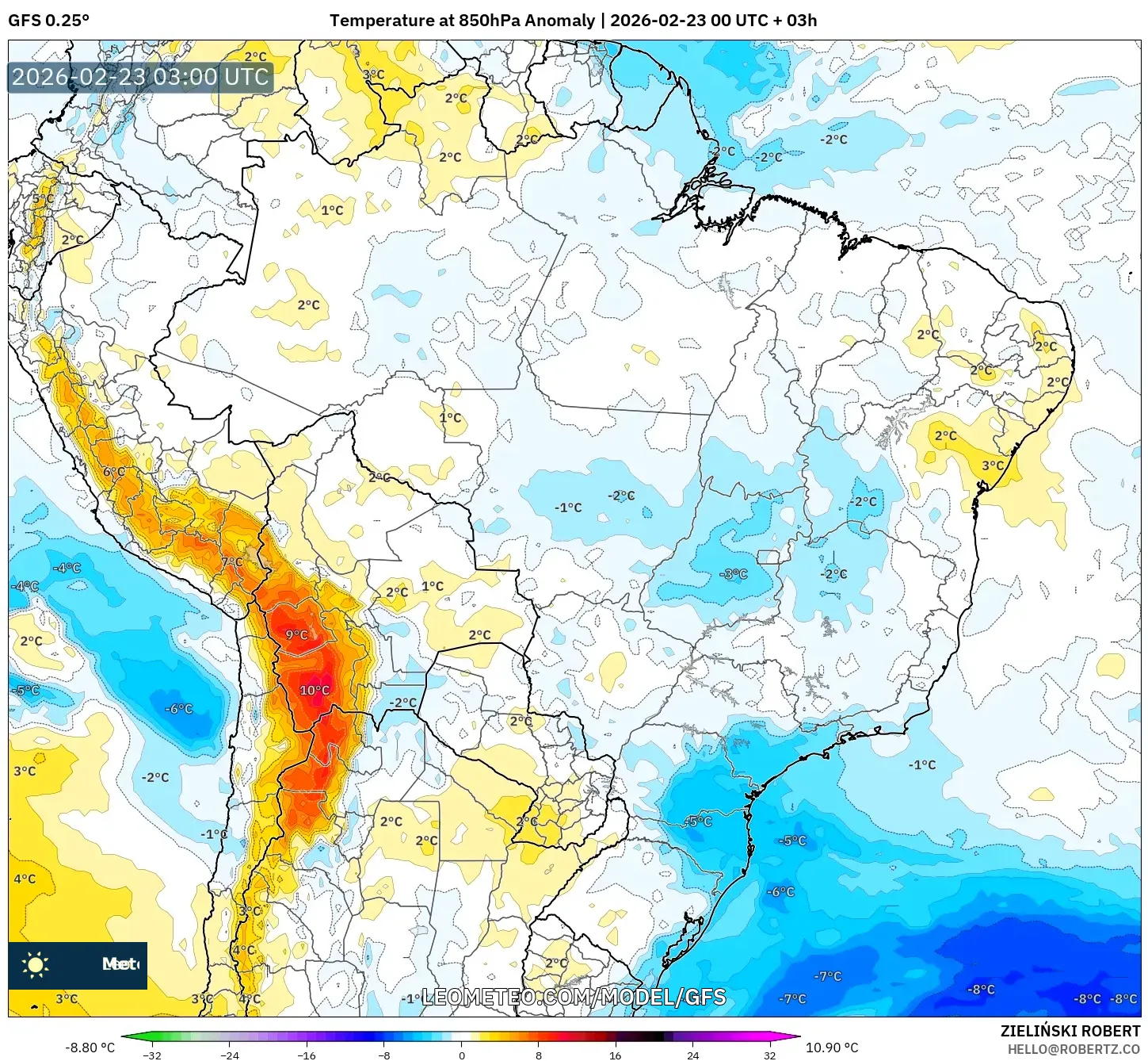 GFS model - البرازيل, انحراف درجة الحرارة 850 hPa