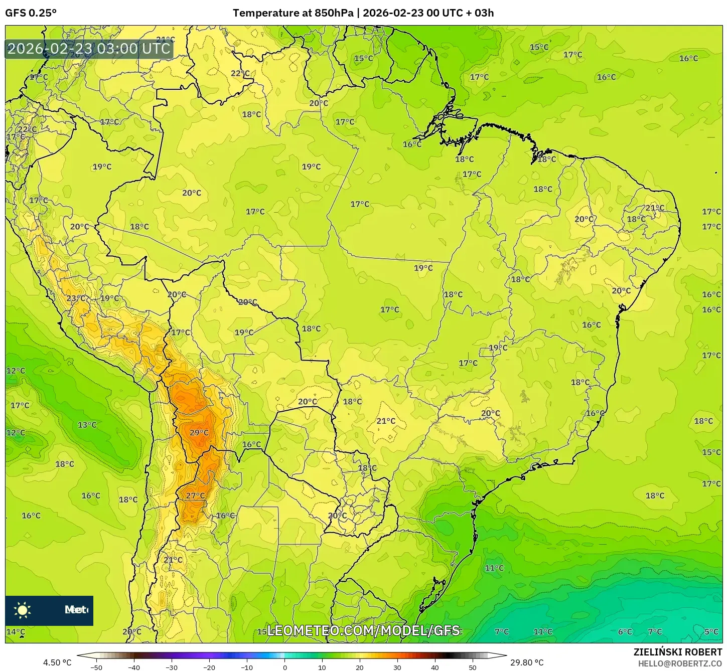 GFS model - البرازيل, درجة الحرارة 850 hPa