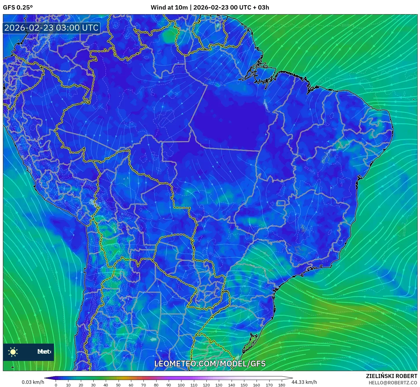GFS model - البرازيل, رياح 10 م
