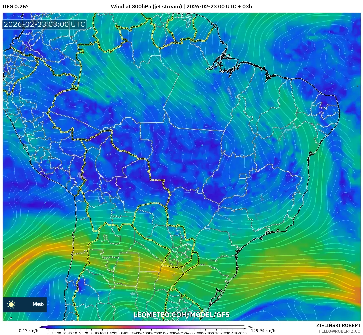 GFS model - البرازيل, رياح 300 hPa (تيار نفاث)