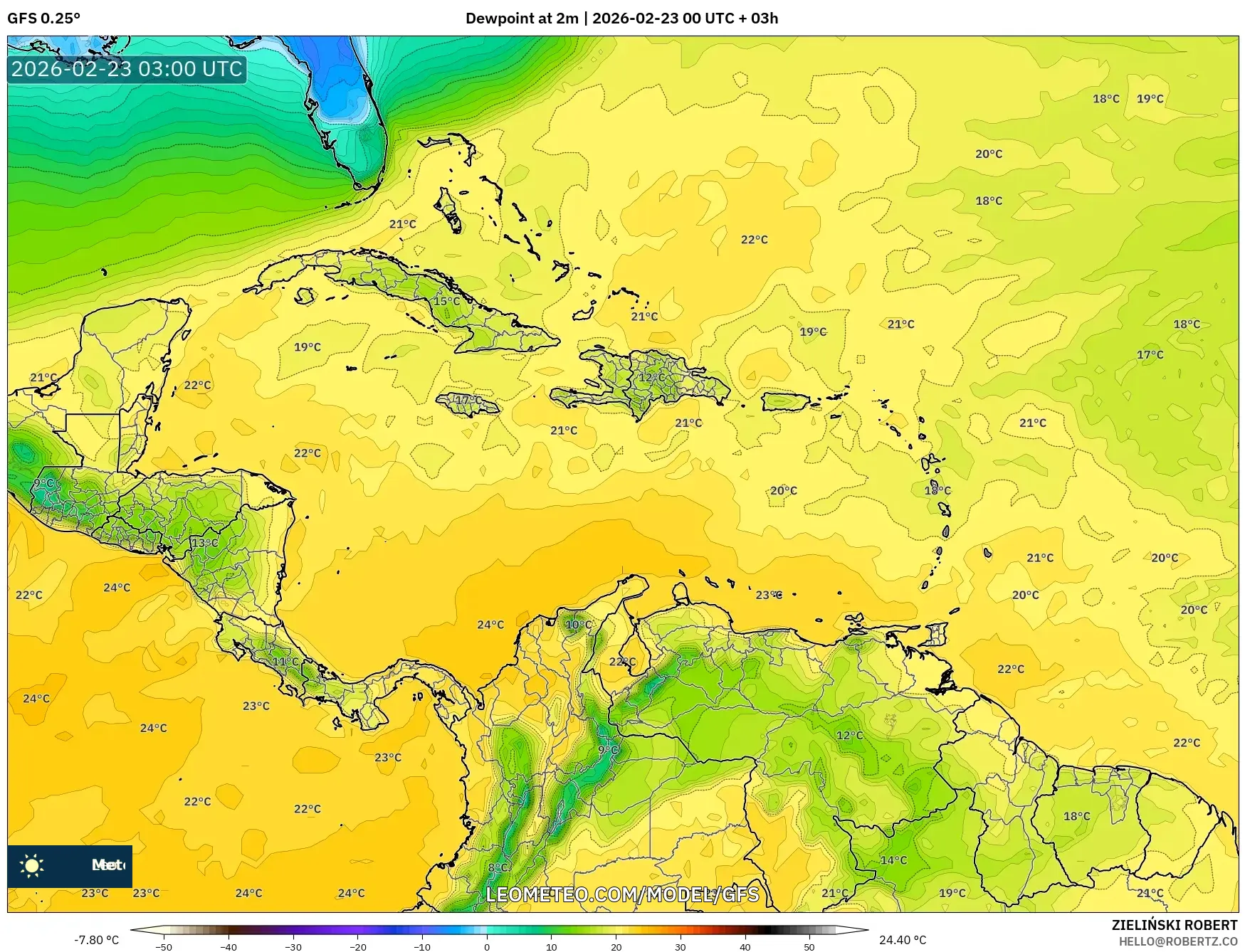 GFS model - الكاريبي, نقطة الندى 2 م
