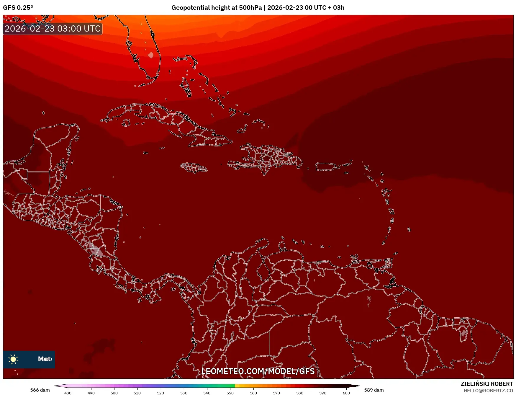 GFS model - الكاريبي, الارتفاع الجهدي عند 500 هكتوباسكال