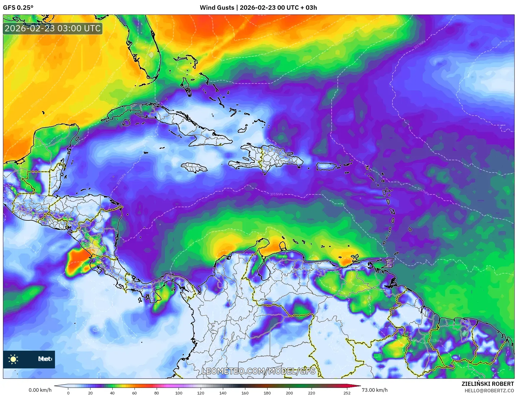 GFS model - الكاريبي, هبات الرياح