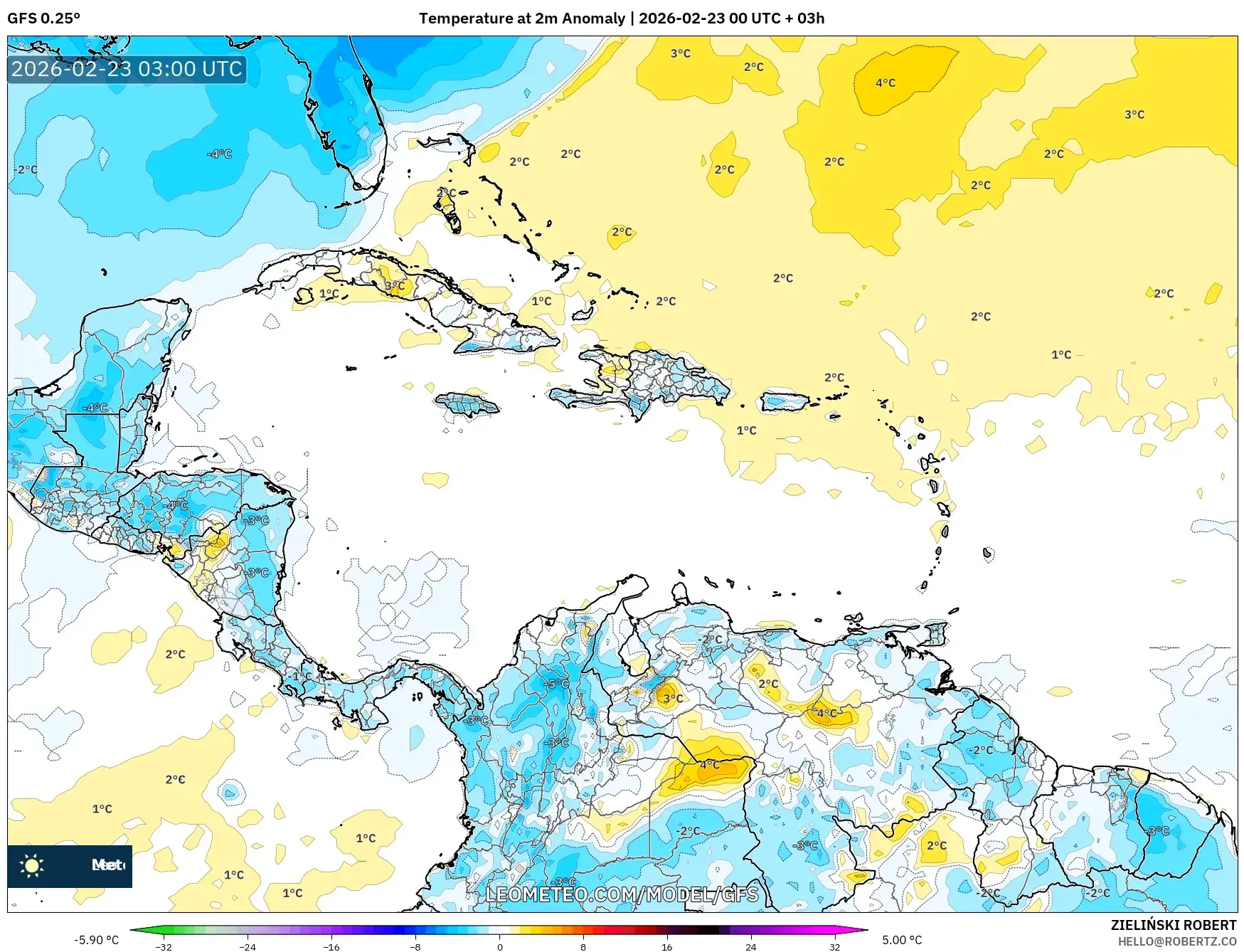 GFS model - الكاريبي, انحراف درجة الحرارة 2 م