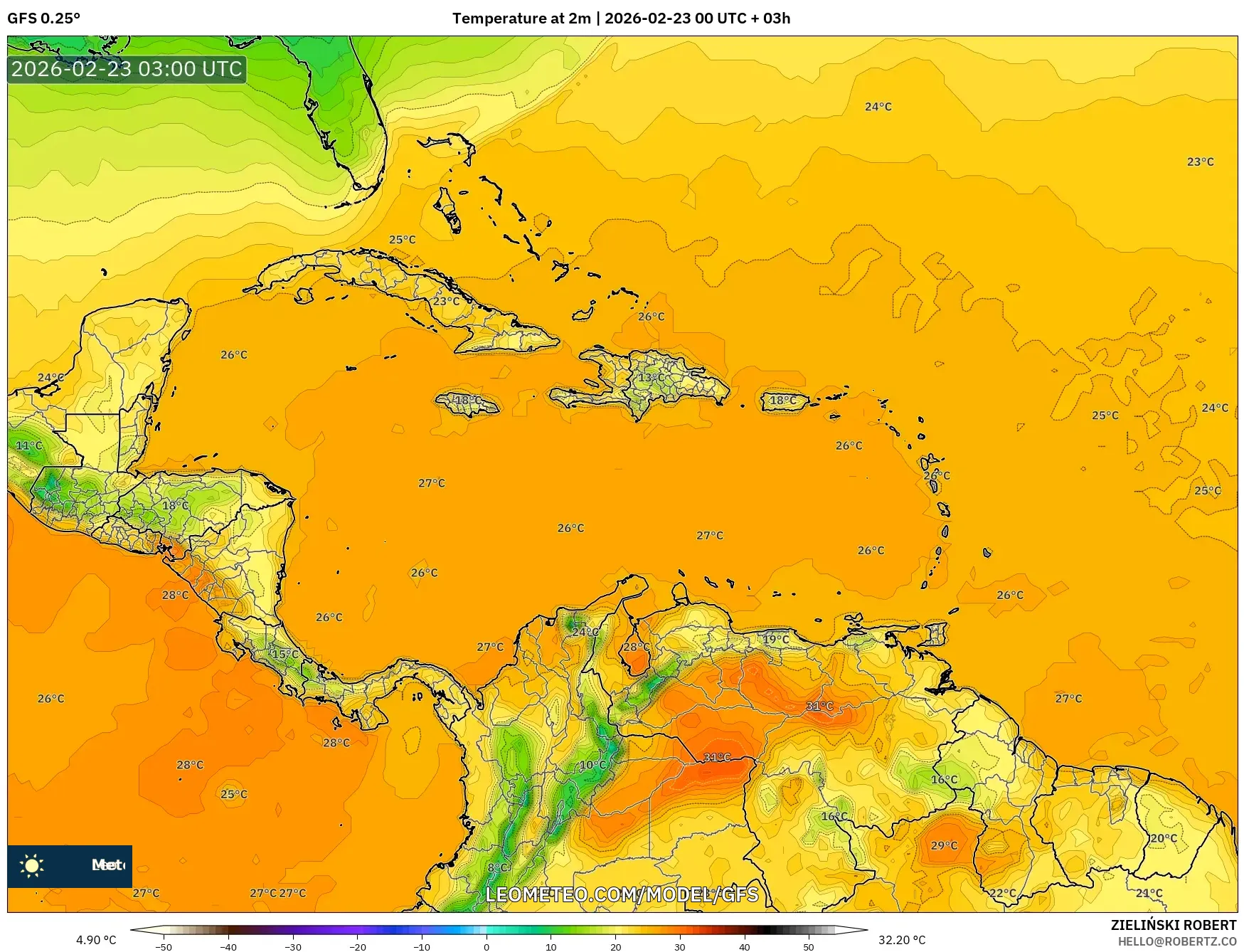 GFS model - الكاريبي, درجة الحرارة على ارتفاع 2 م