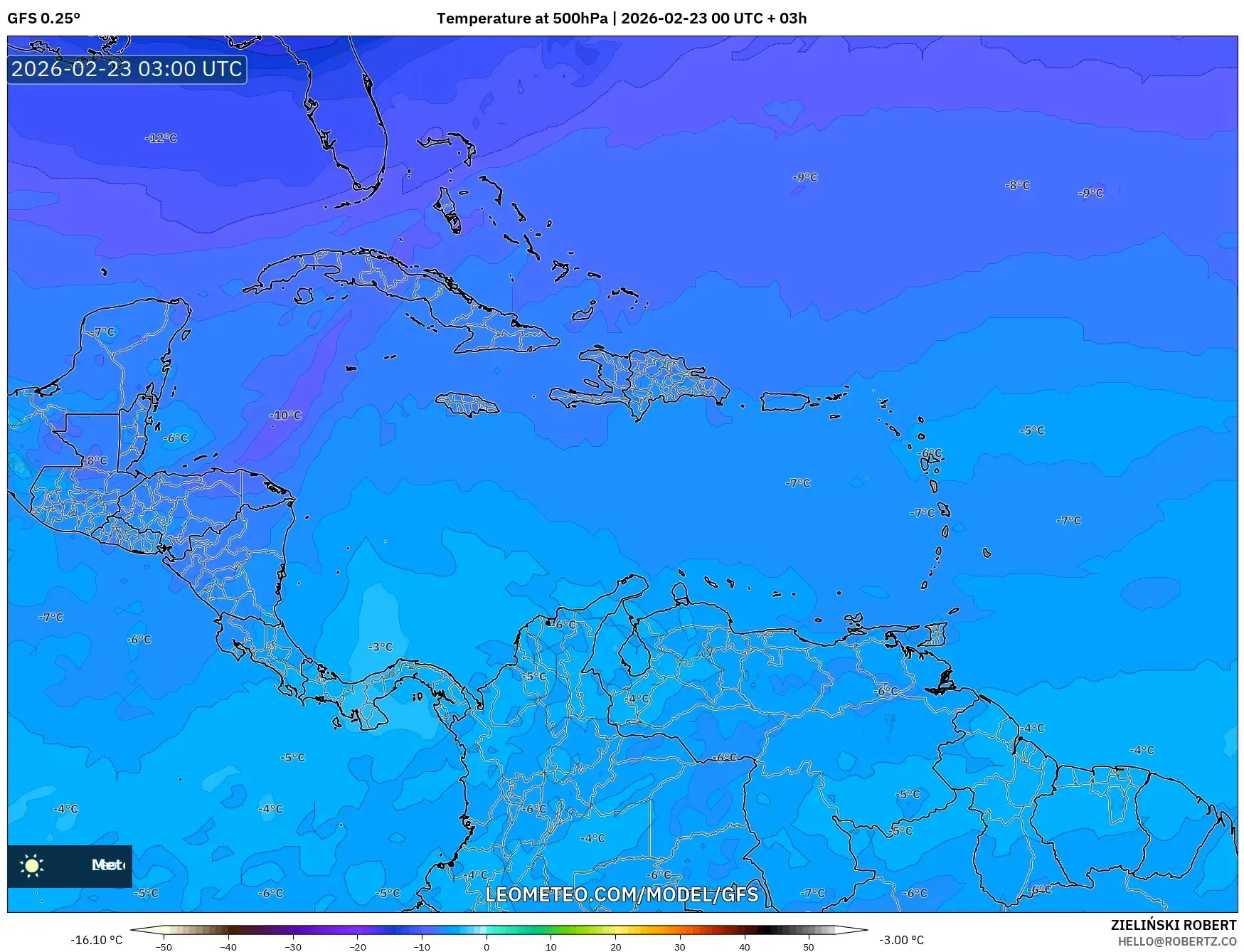 GFS model - الكاريبي, درجة الحرارة 500 hPa