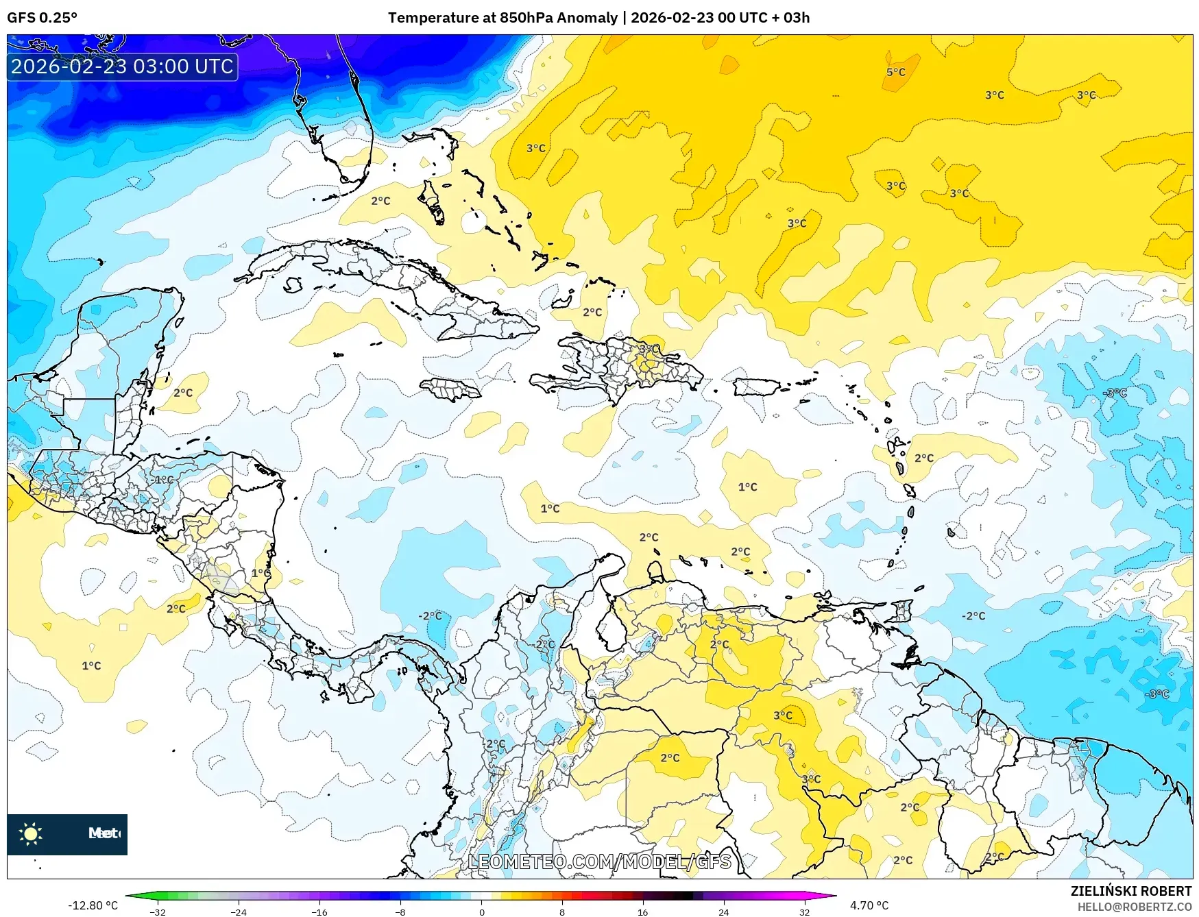 GFS model - الكاريبي, انحراف درجة الحرارة 850 hPa
