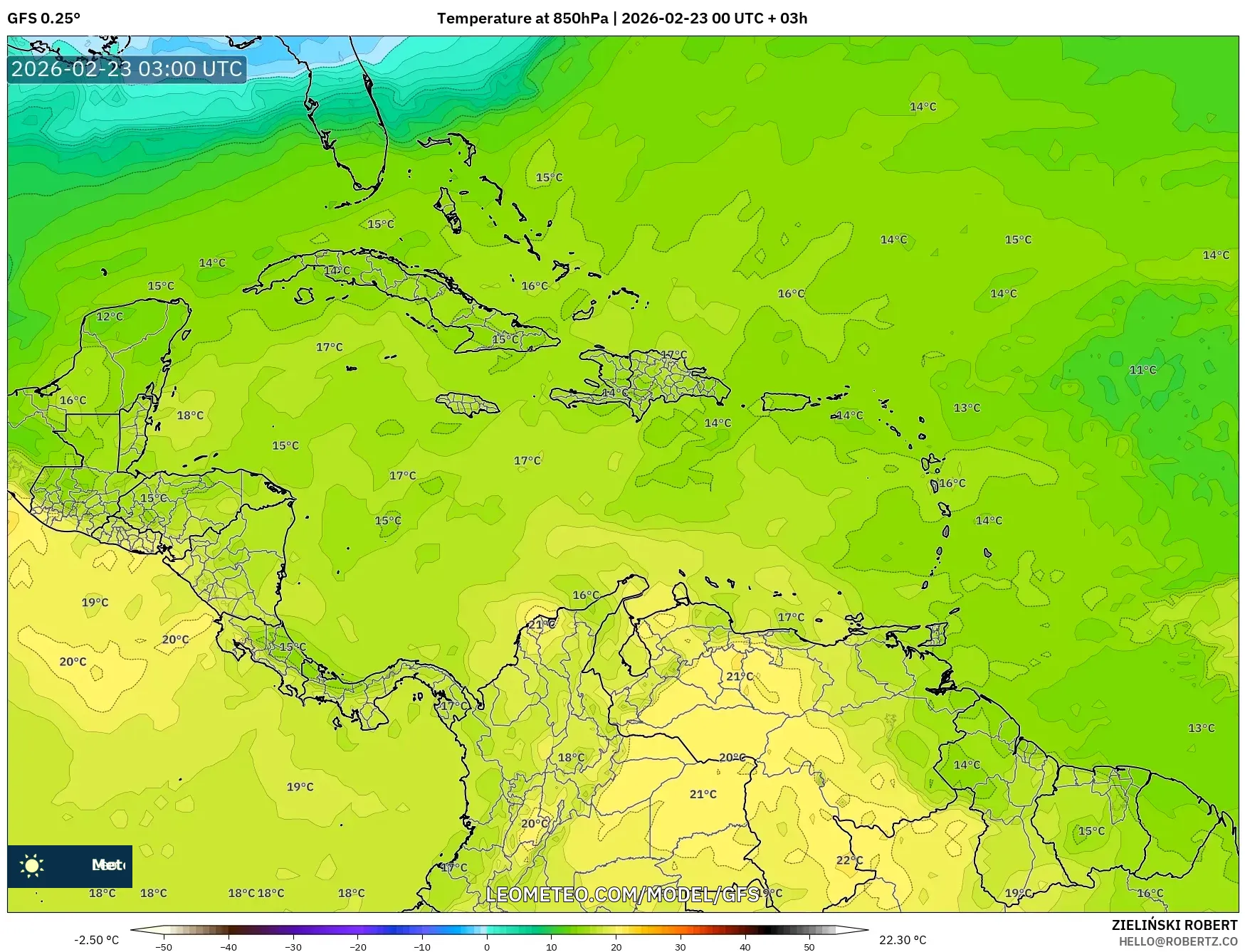 GFS model - الكاريبي, درجة الحرارة 850 hPa