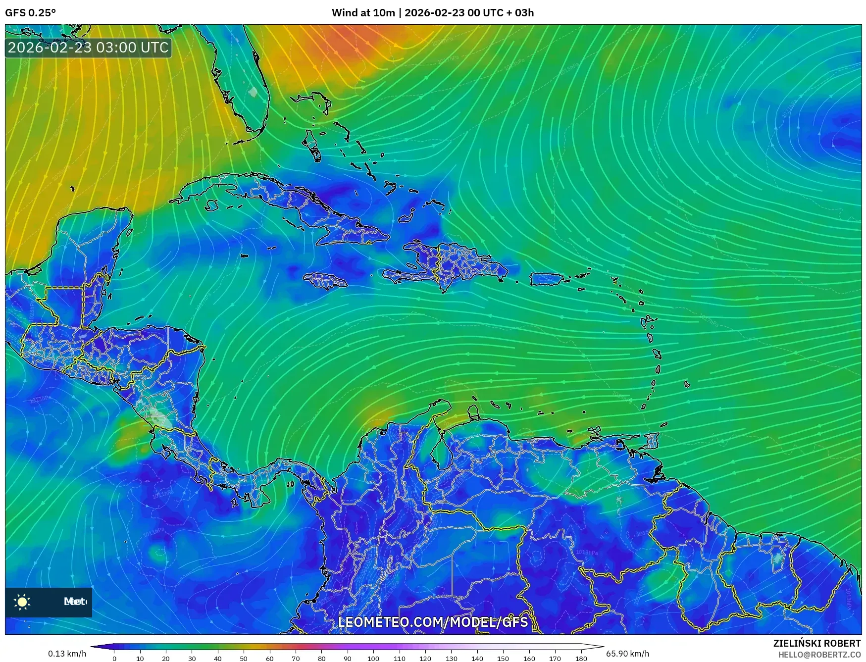 GFS model - الكاريبي, رياح 10 م