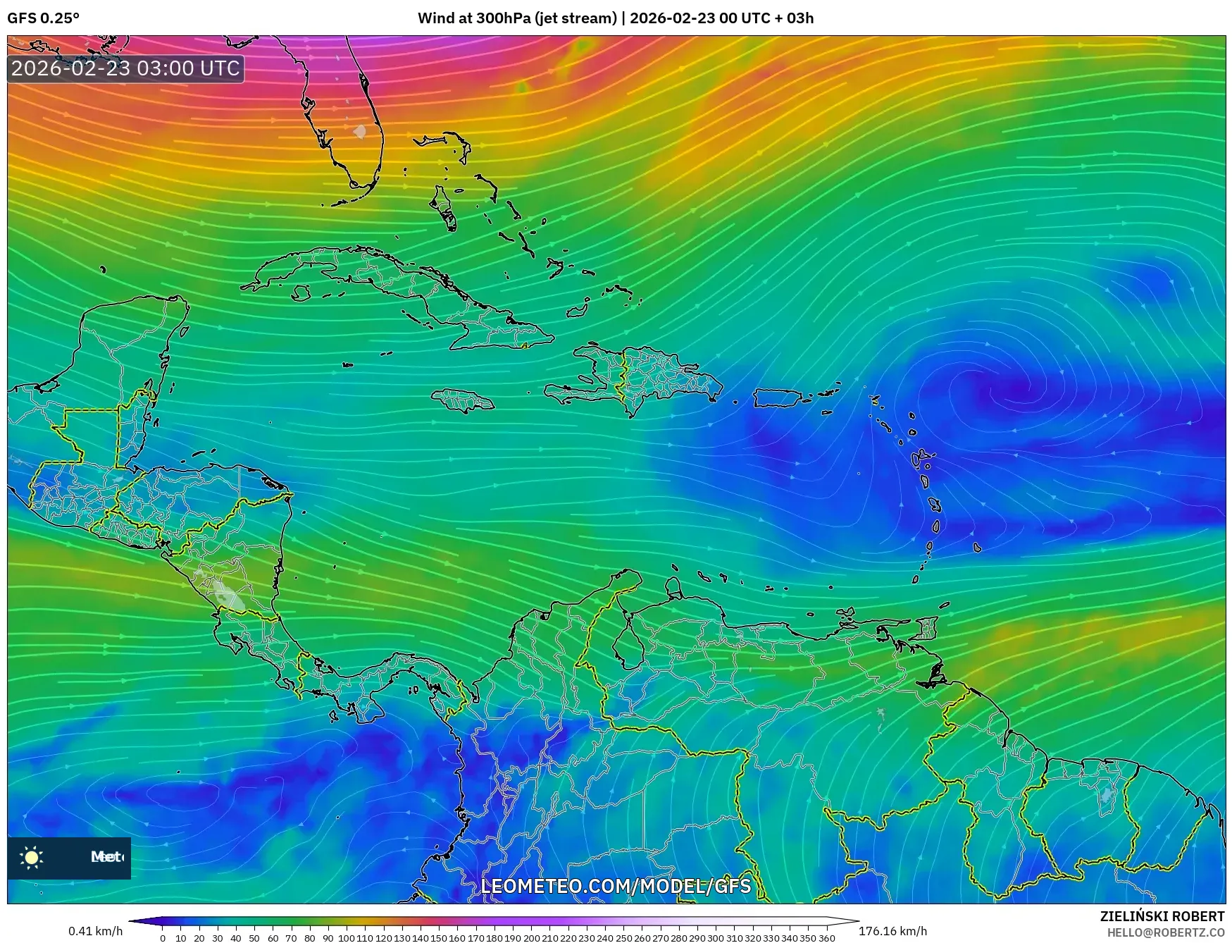 GFS model - الكاريبي, رياح 300 hPa (تيار نفاث)