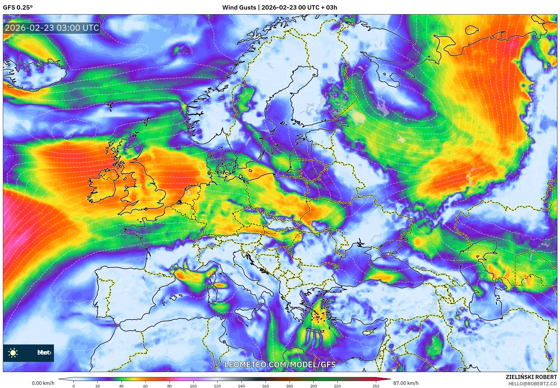 GFS model - أوروبا, هبات الرياح