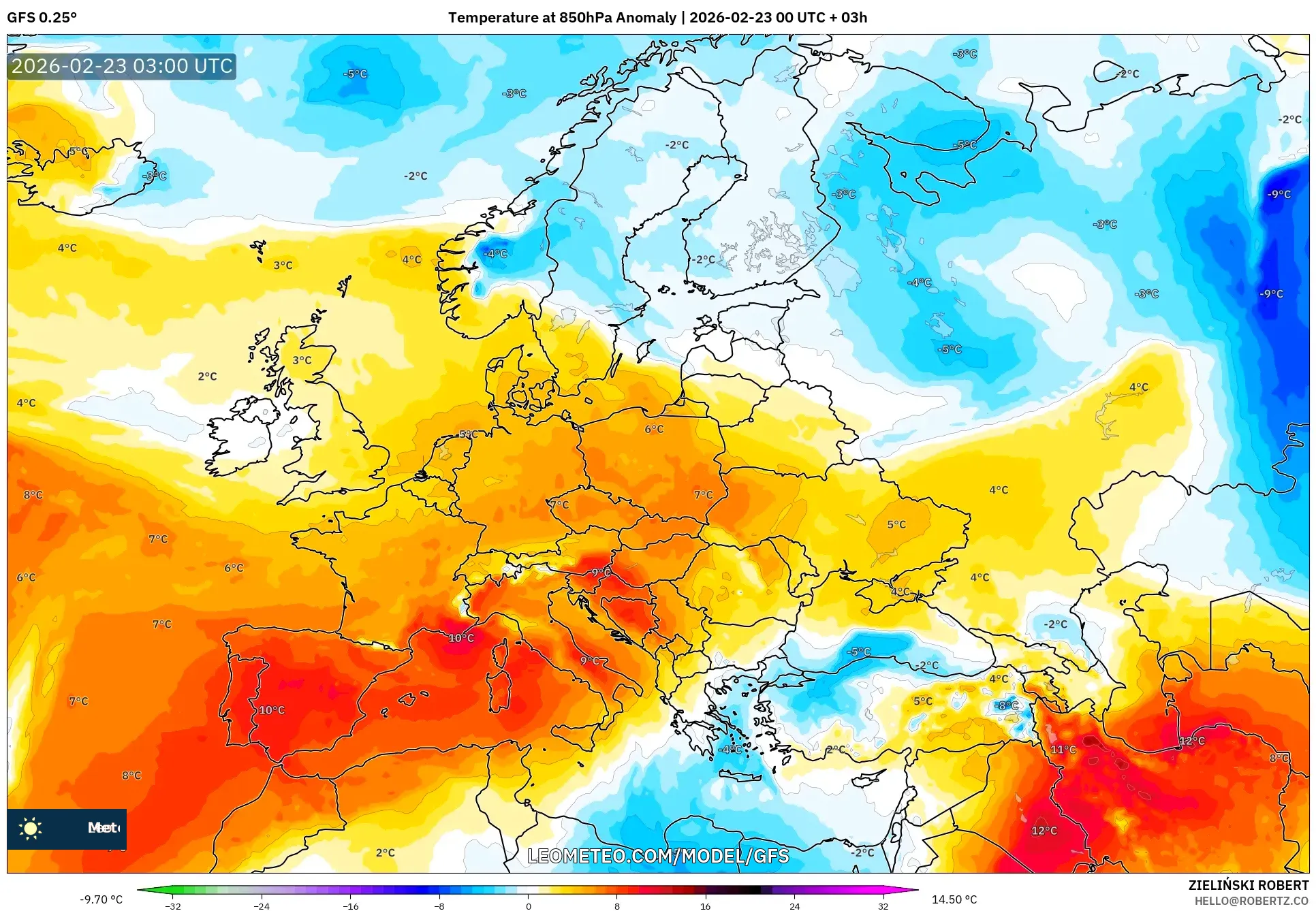 GFS model - أوروبا, انحراف درجة الحرارة 850 hPa