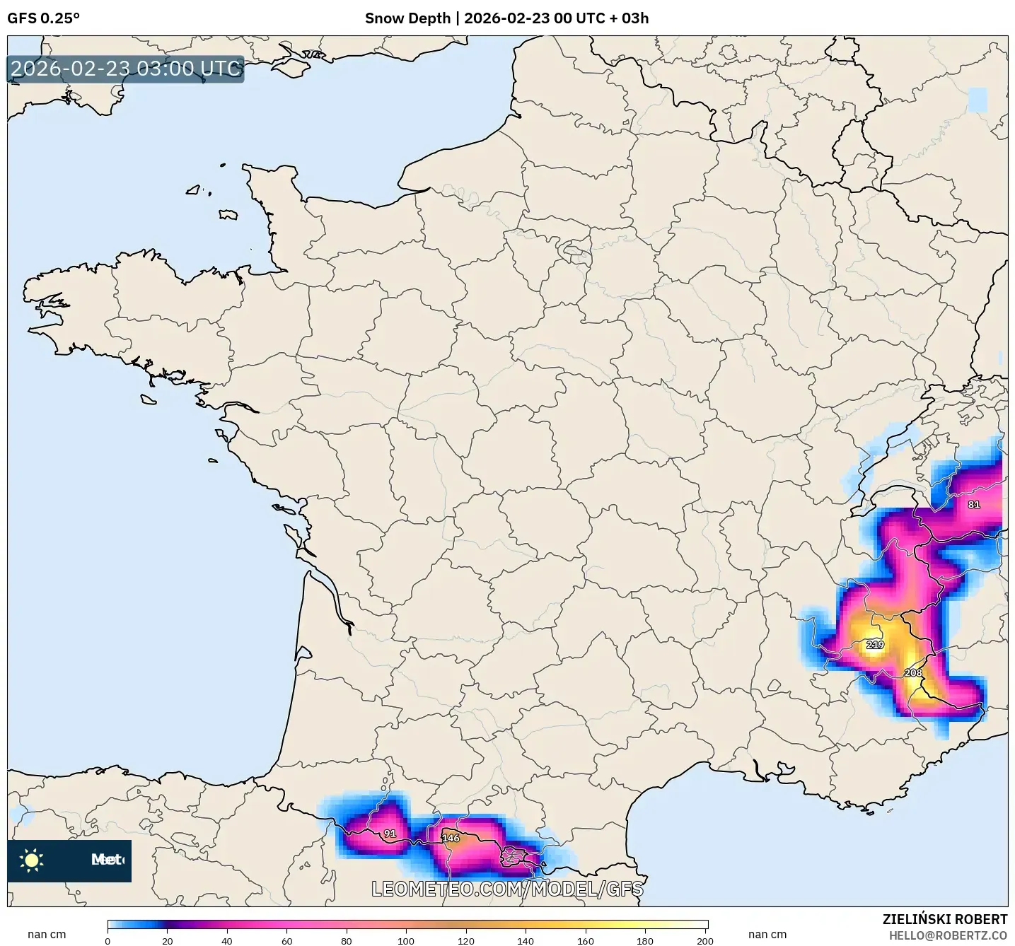 GFS model - فرنسا, عمق الثلج