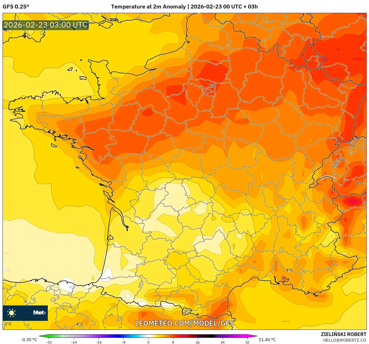 GFS model - فرنسا, انحراف درجة الحرارة 2 م