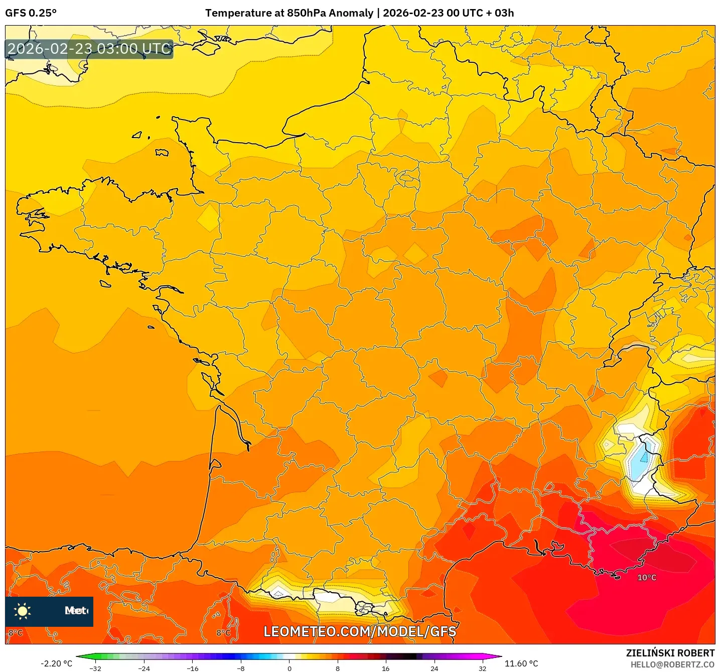 GFS model - فرنسا, انحراف درجة الحرارة 850 hPa