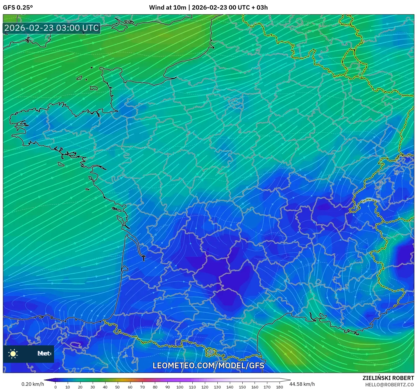 GFS model - فرنسا, رياح 10 م