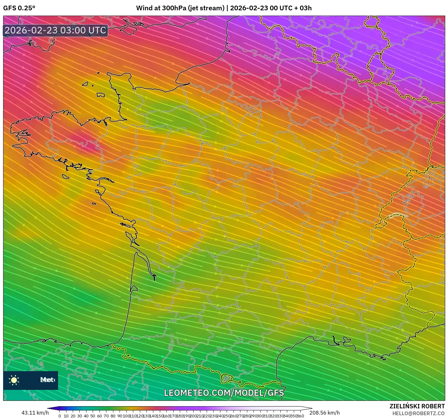 GFS model - فرنسا, رياح 300 hPa (تيار نفاث)