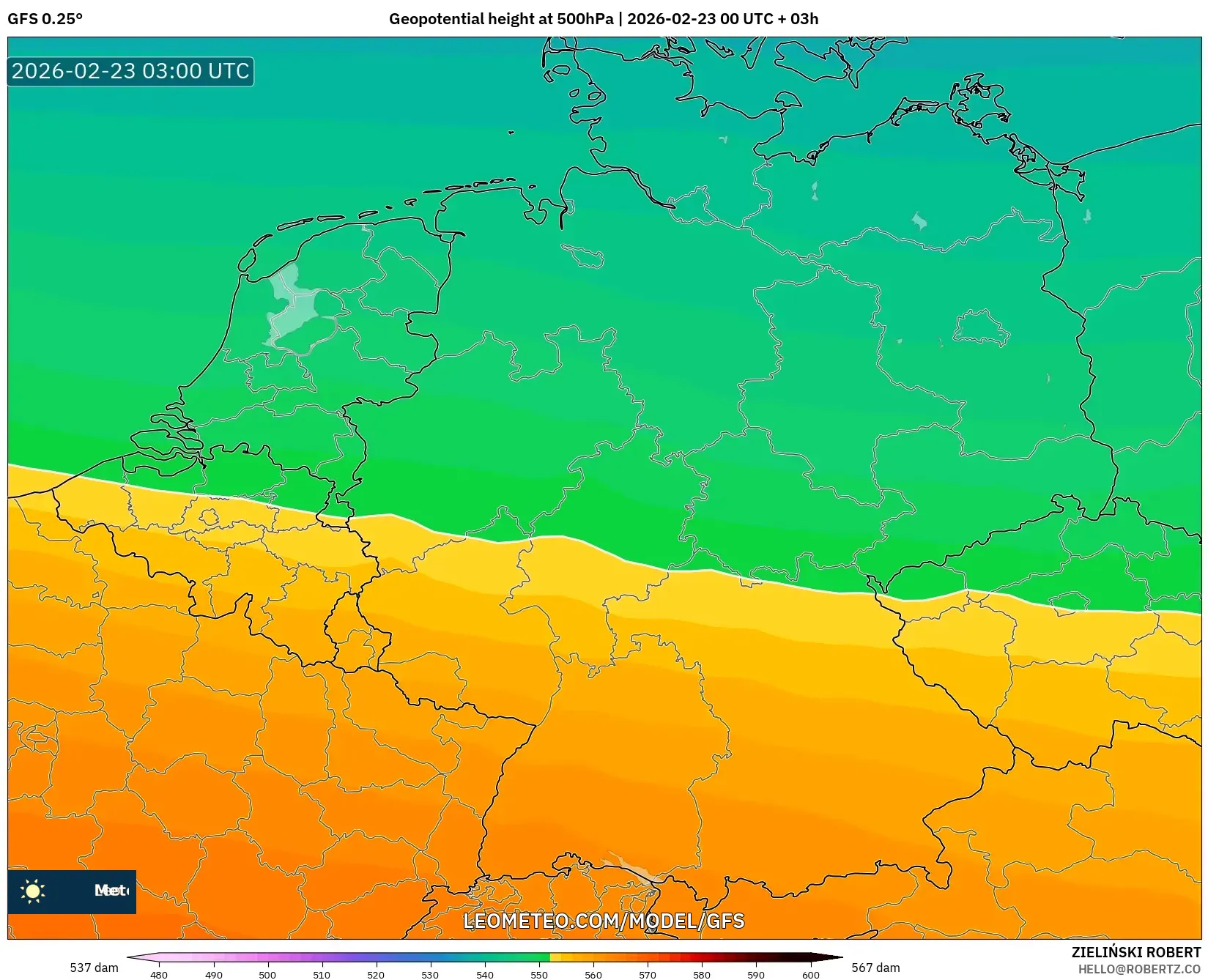 GFS model - ألمانيا, الارتفاع الجهدي عند 500 هكتوباسكال