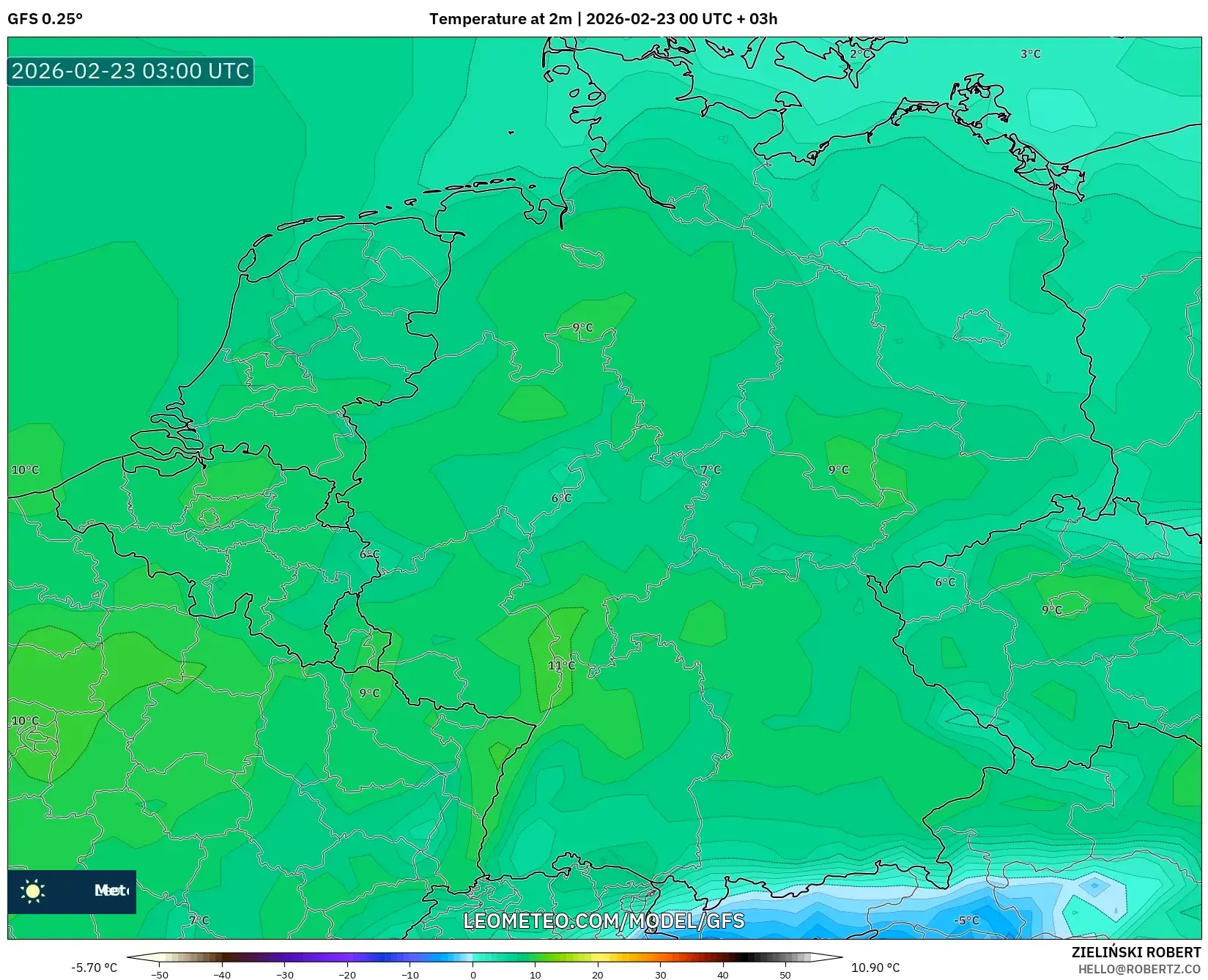 GFS model - ألمانيا, درجة الحرارة على ارتفاع 2 م