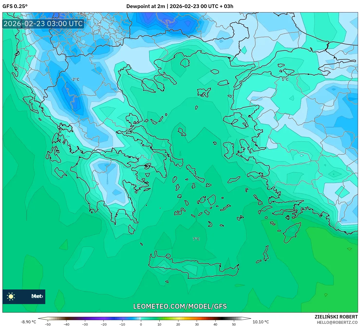 GFS model - اليونان, نقطة الندى 2 م