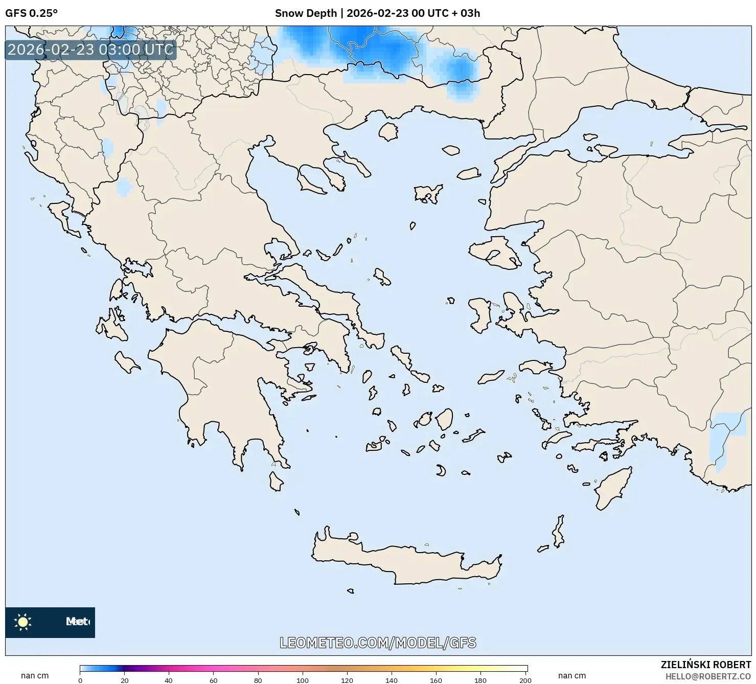 GFS model - اليونان, عمق الثلج
