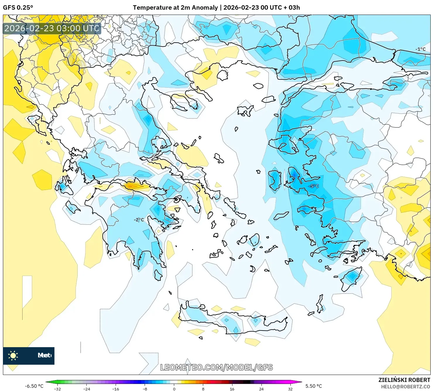 GFS model - اليونان, انحراف درجة الحرارة 2 م