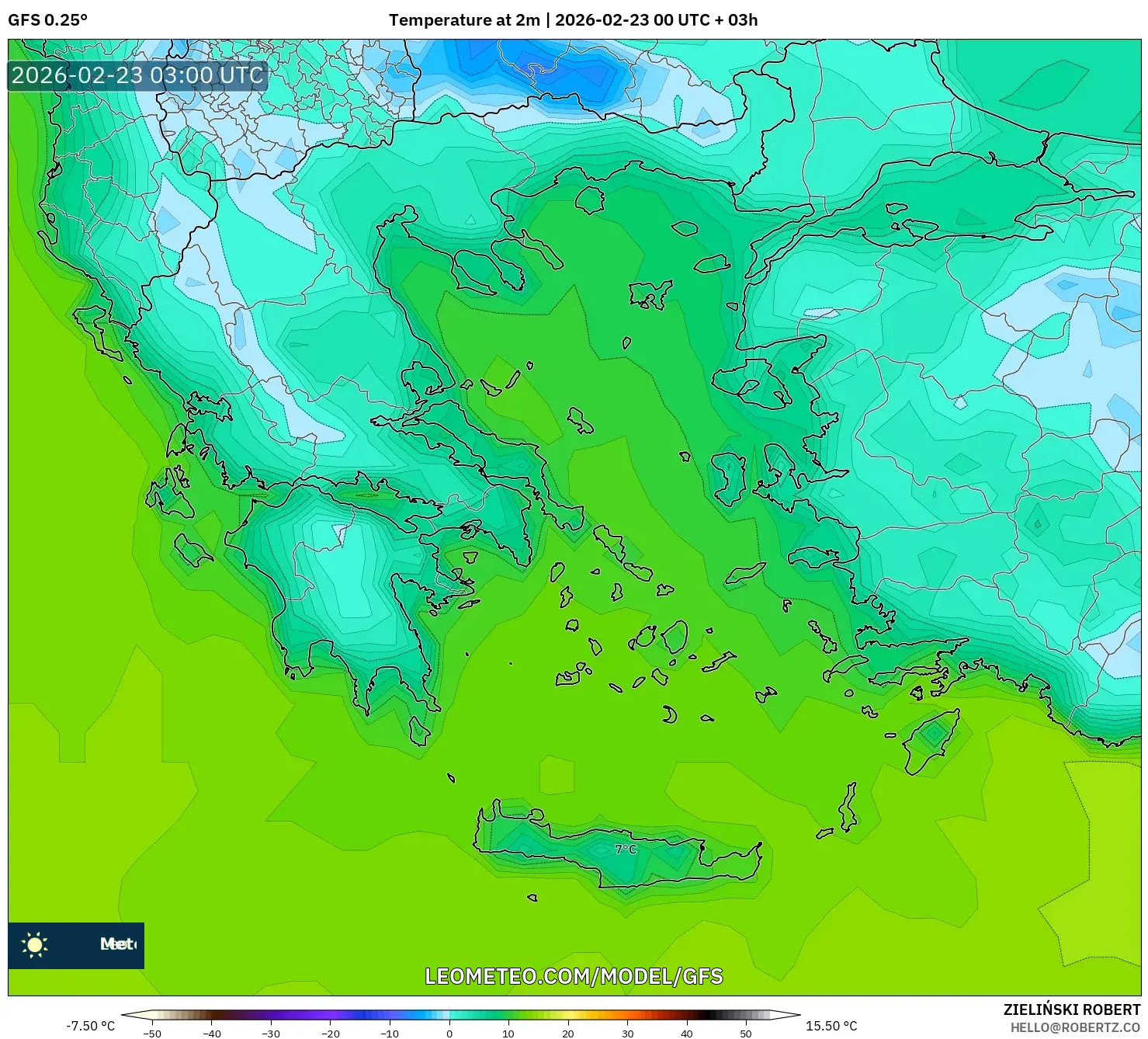GFS model - اليونان, درجة الحرارة على ارتفاع 2 م