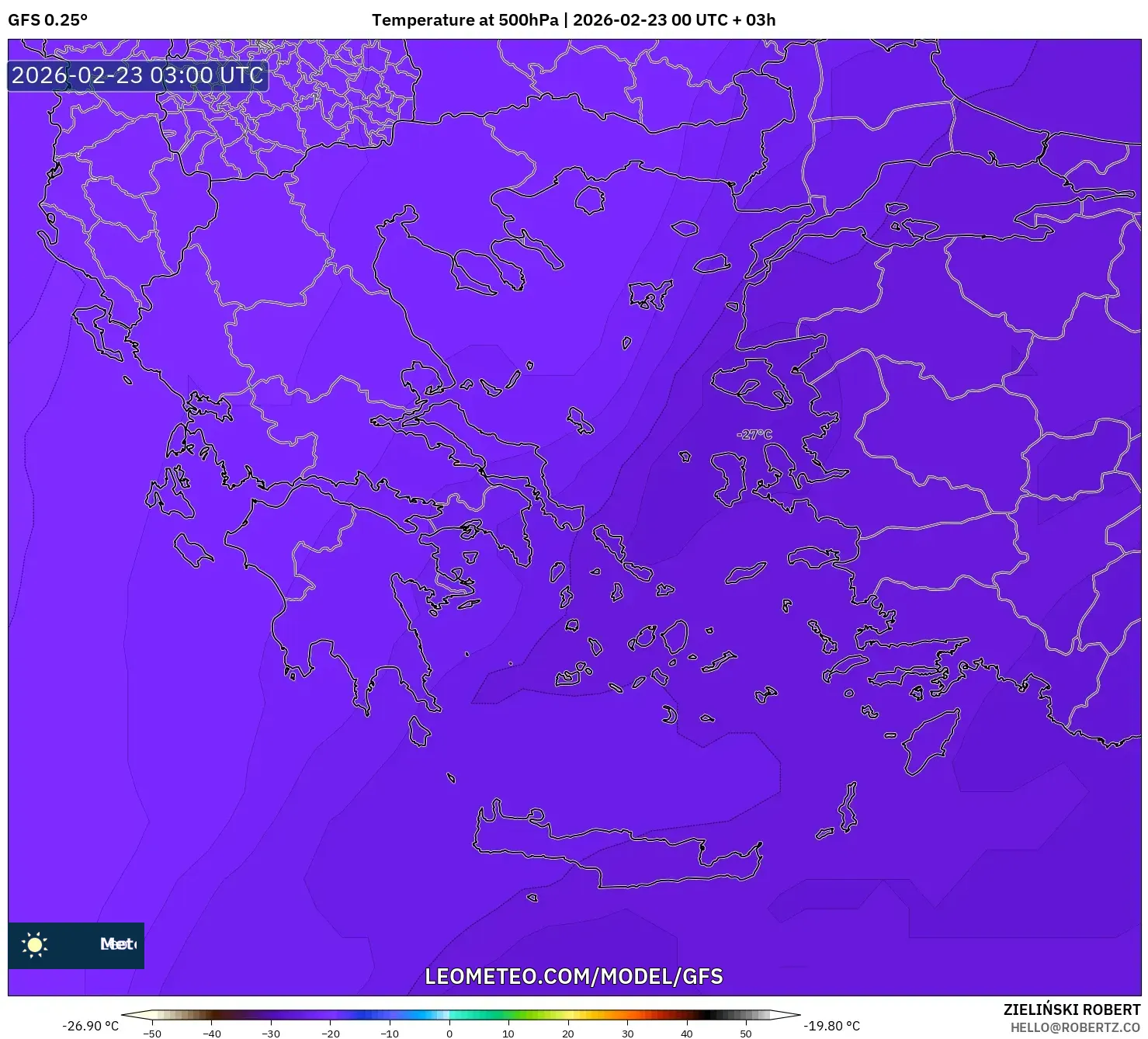 GFS model - اليونان, درجة الحرارة 500 hPa