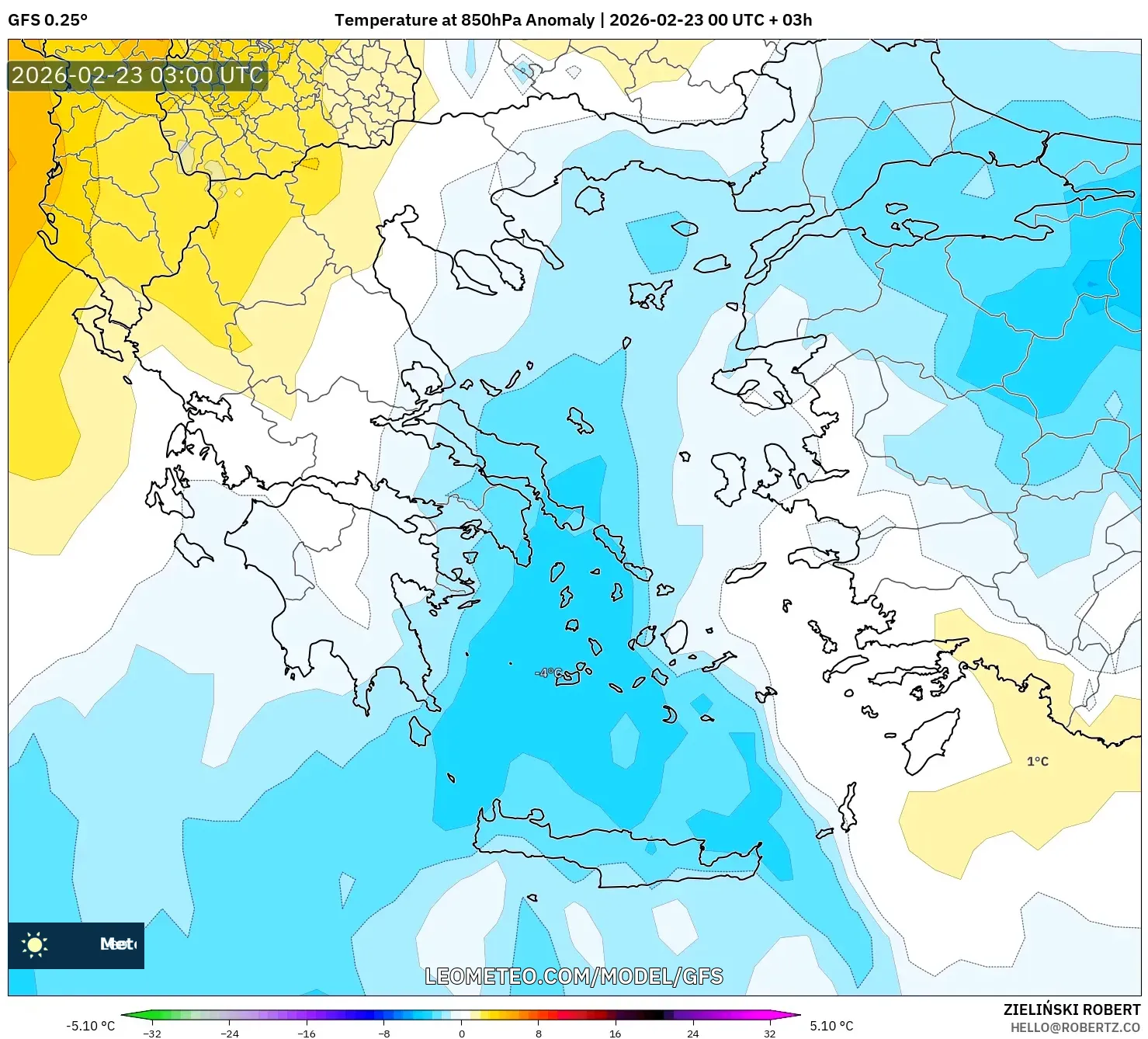 GFS model - اليونان, انحراف درجة الحرارة 850 hPa