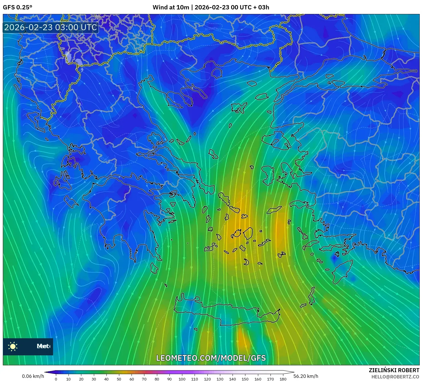 GFS model - اليونان, رياح 10 م