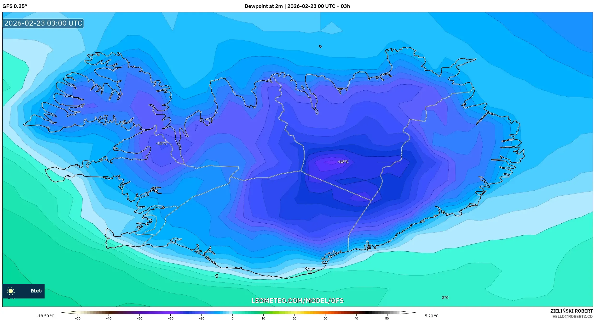 GFS model - آيسلندا, نقطة الندى 2 م