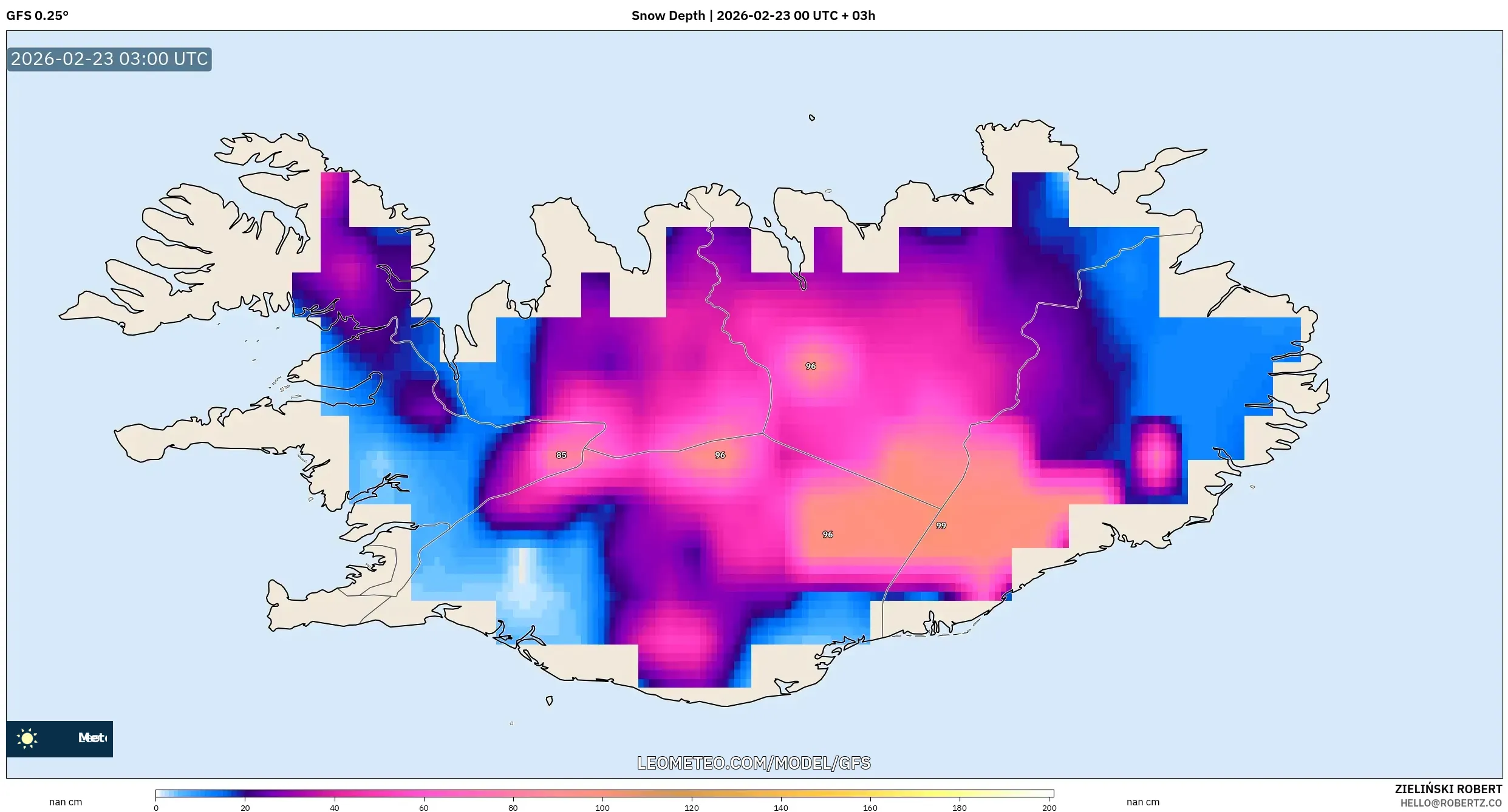 GFS model - آيسلندا, عمق الثلج