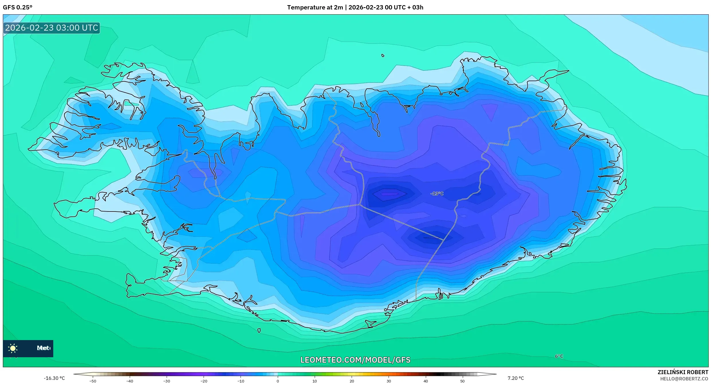 GFS model - آيسلندا, درجة الحرارة على ارتفاع 2 م