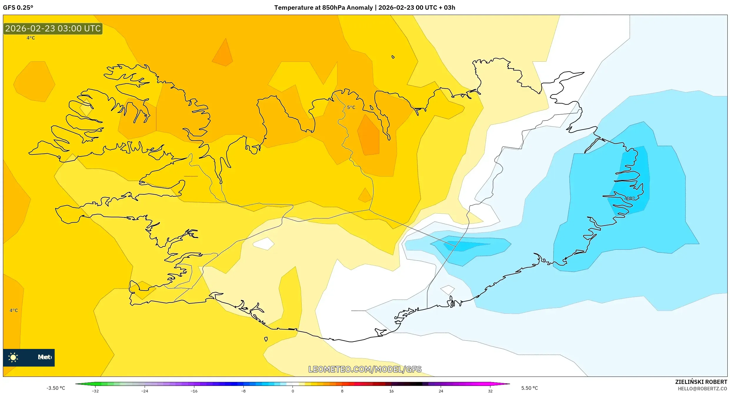 GFS model - آيسلندا, انحراف درجة الحرارة 850 hPa